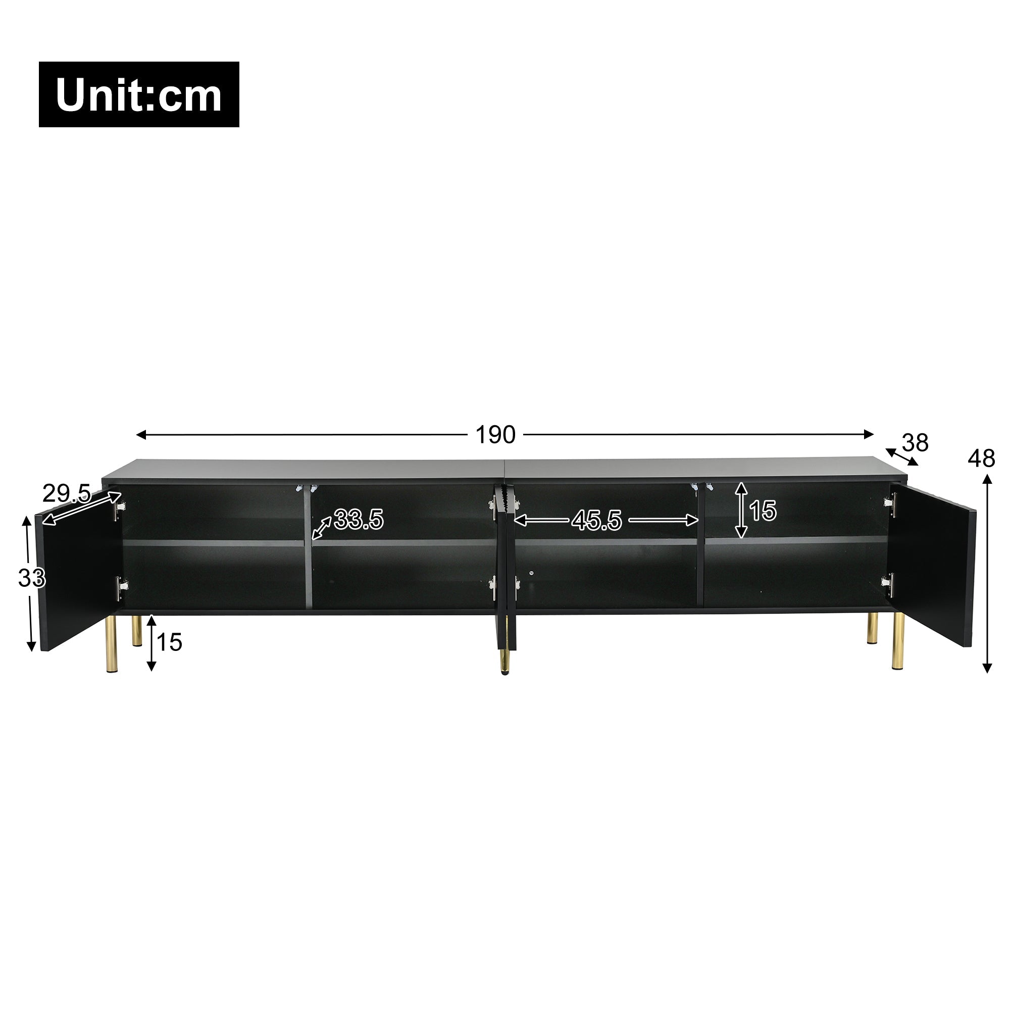 Logidon Zwart TV-meubel met Gouden Tafelpoten 190 cm