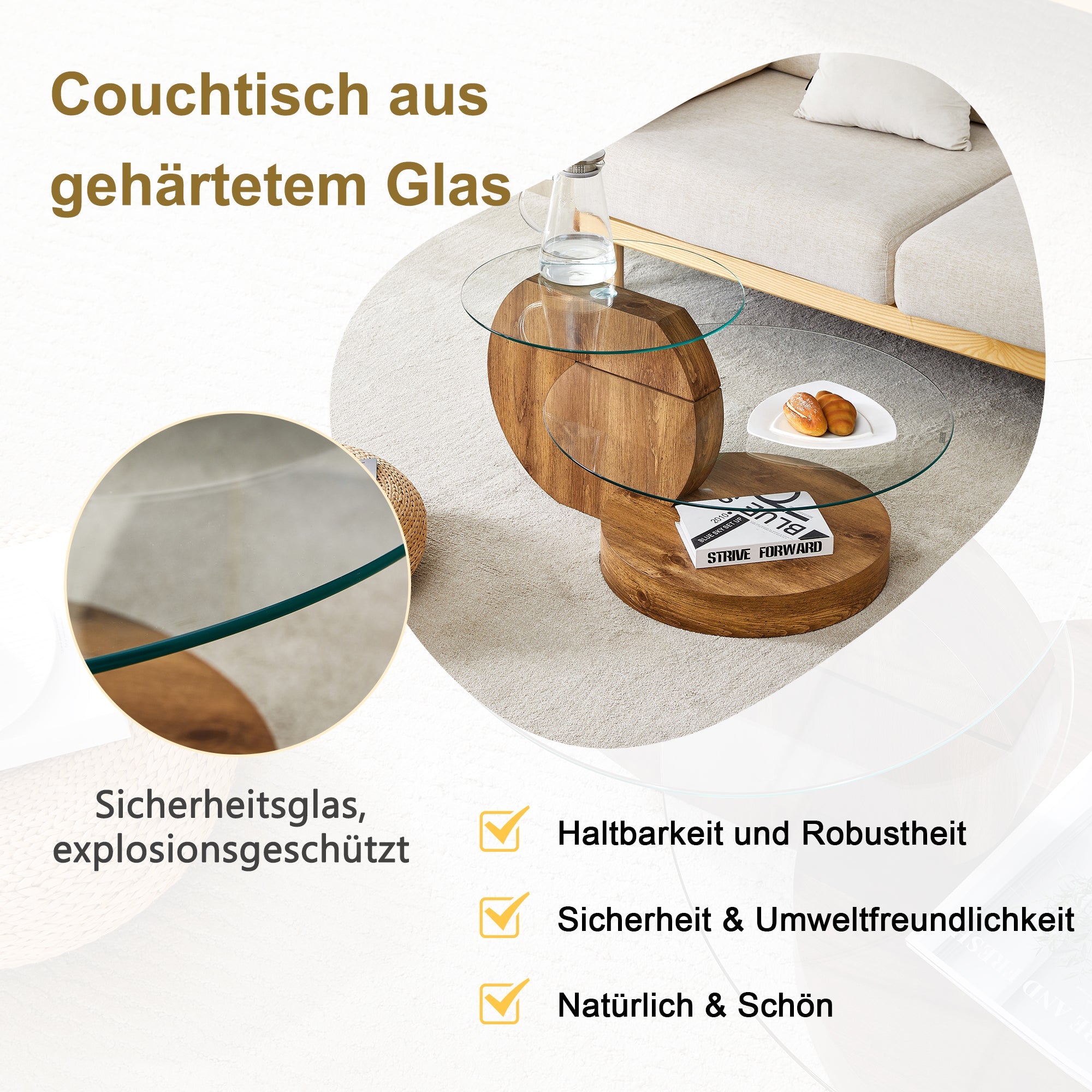 Logidon Moderne Glazen Salontafel Houtstructuur Meerlaags Design MDF 90x70cm