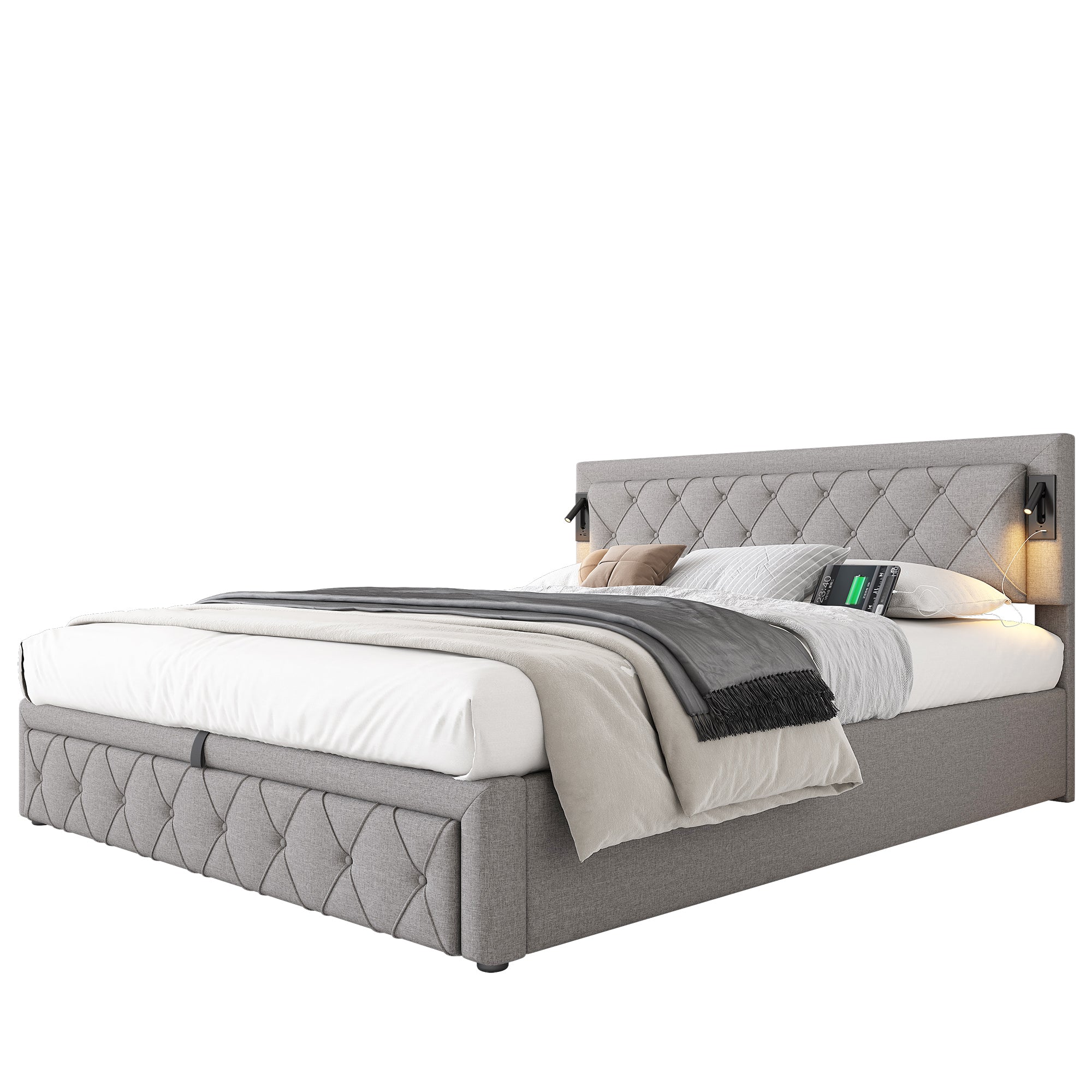 Logidon gestoffeerd bed 180x200 grijs linnen met inbouwspot en USB