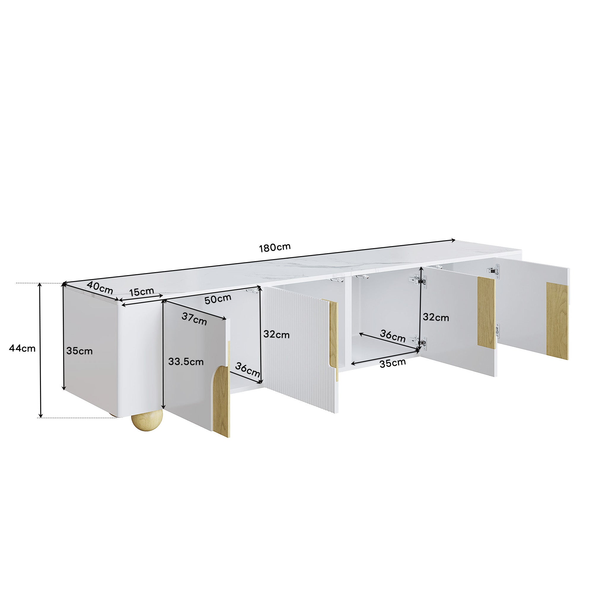 Logidon Wit TV-meubel 180 cm - 4 deuren, marmerlook, houten poten