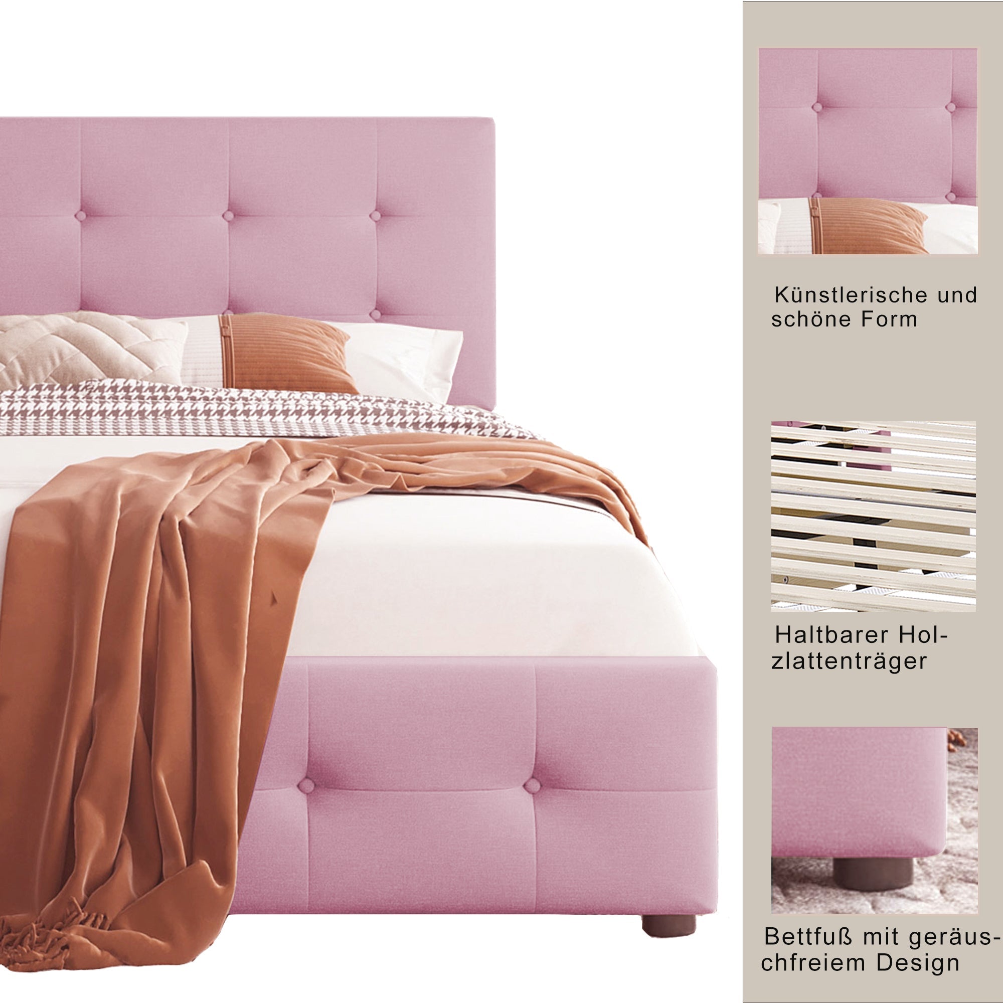 Logidon gestoffeerd bed 90x200 roze fluweel met lattenbodem twee lades