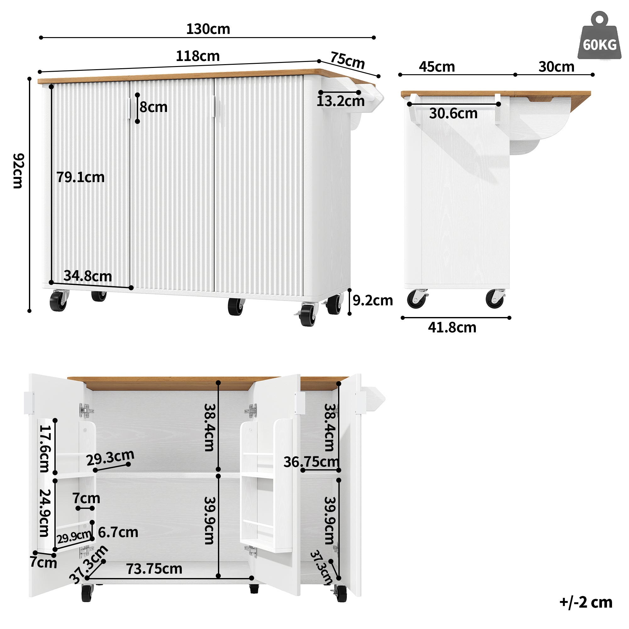 Logidon kitchen island 130x45(75)x92 cm white-black, extendable