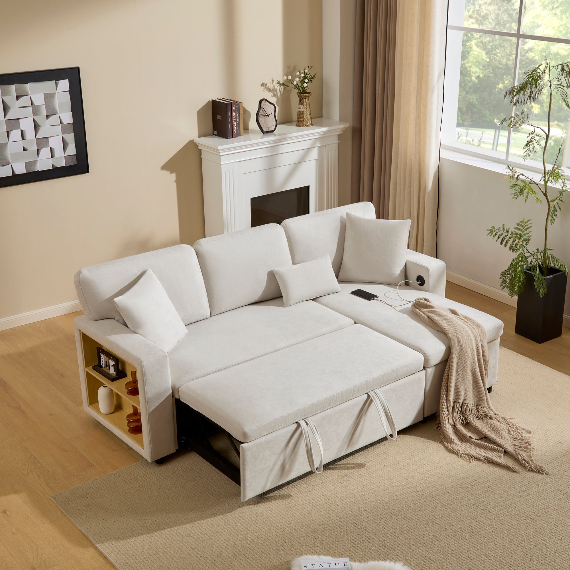 Logidon corner sofa bed L-shape extendable beige with bed box shelf