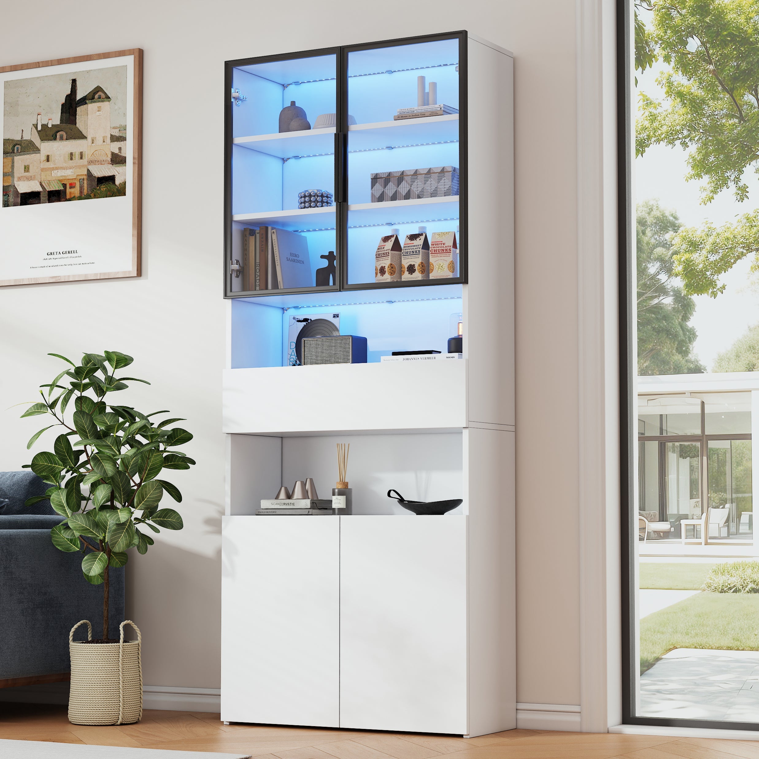 Logidon vitrinekast 70x30x200 cm witte LED glazen vitrinekast met lade