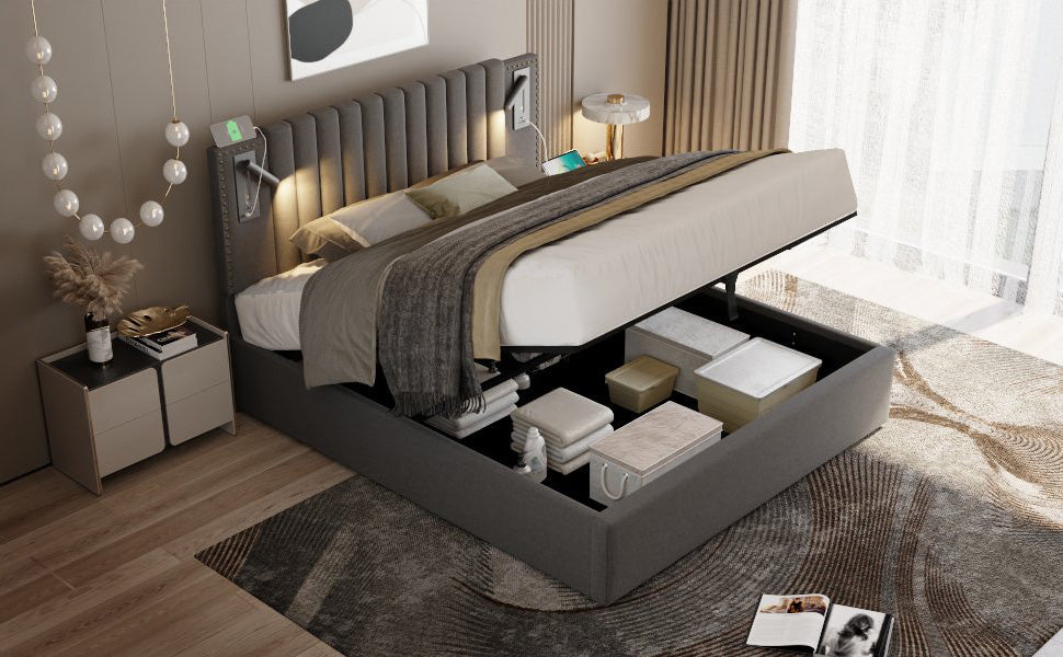Logidon gestoffeerd bed 160x200 met opbergruimte en USB-leesapparaat lichtgrijs