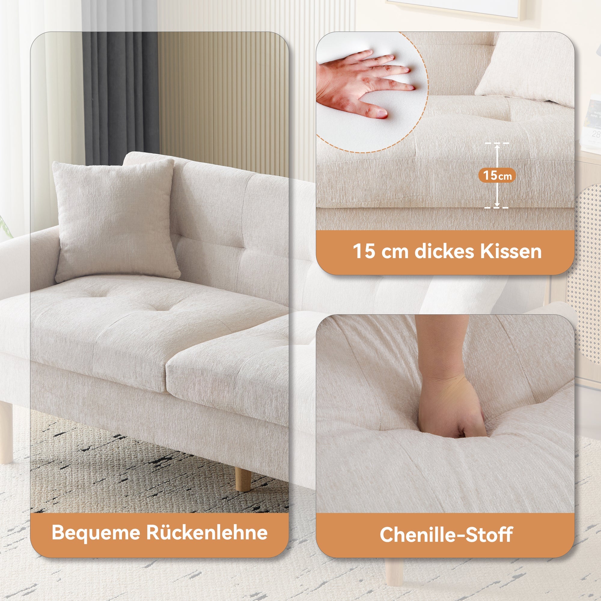 Logidon Chenille Tweepersoonsbank Beige Modern Design Gestoffeerd