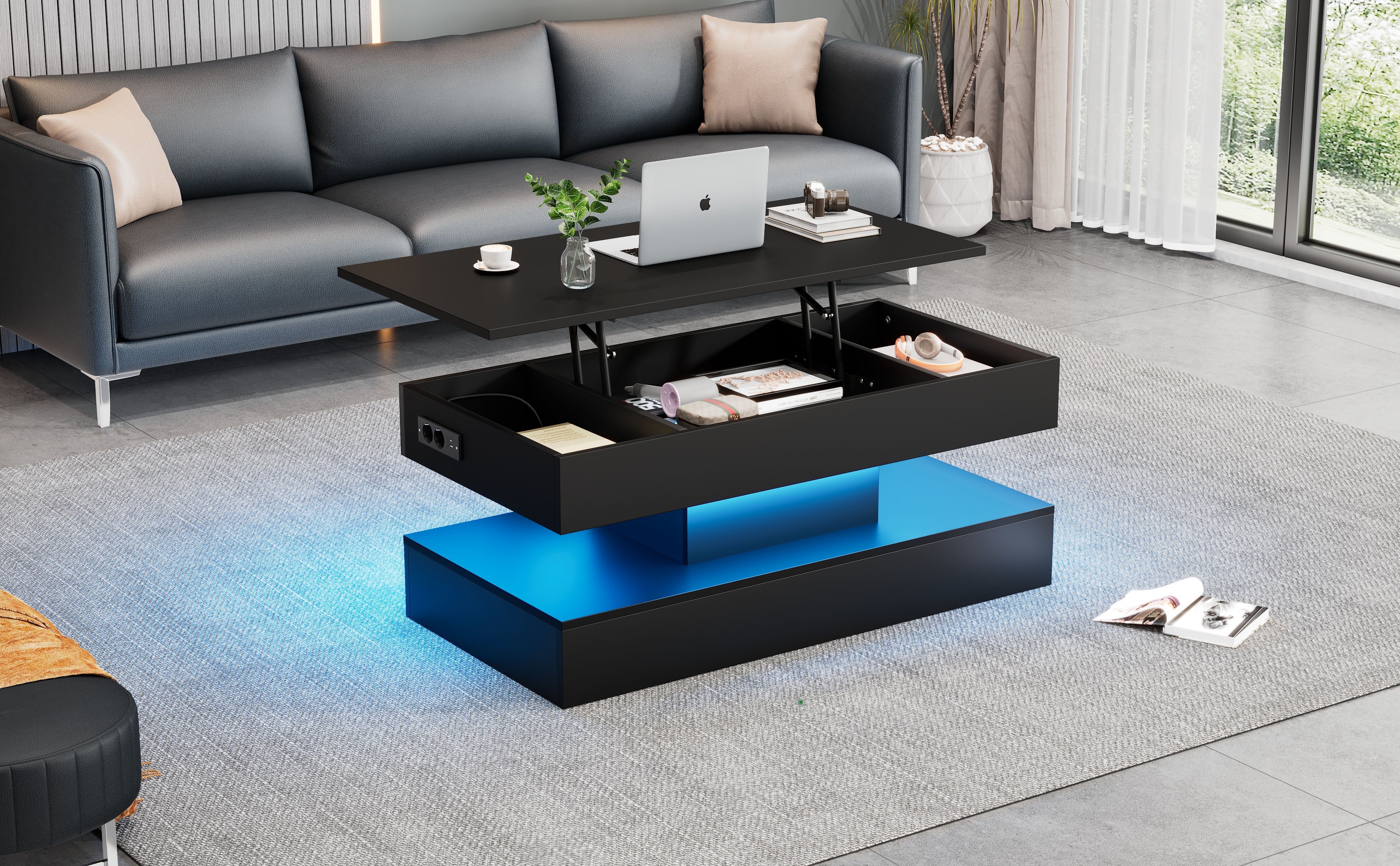 Logidon LED Salontafel met verborgen opbergruimte 100x50 cm Zwart