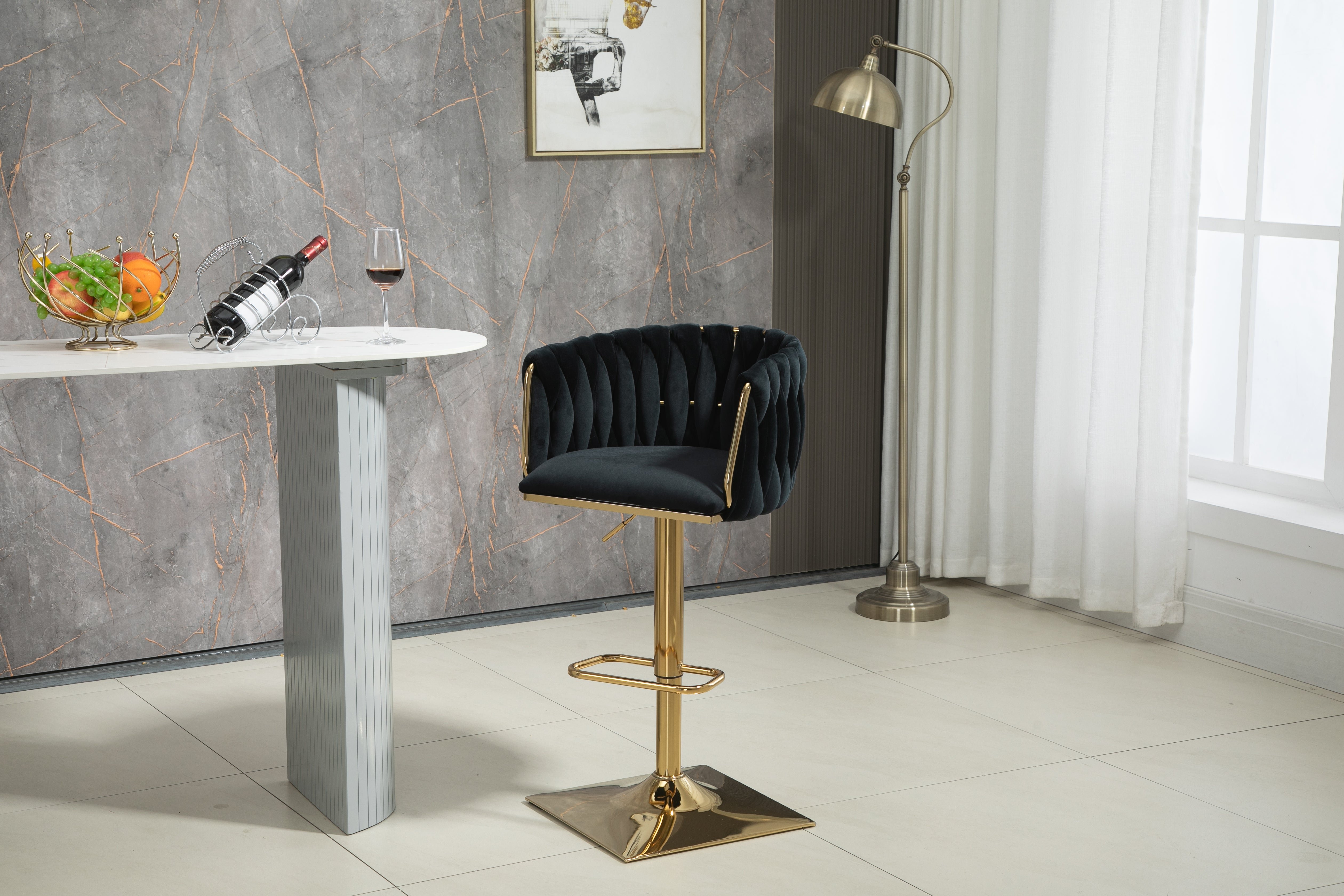 Logidon Vintage Bar Stool Velvet Black Adjustable Height Rotatable