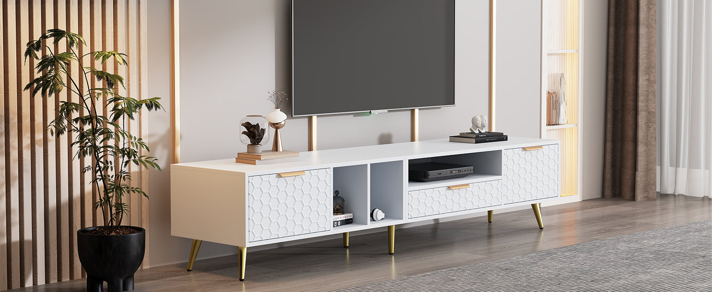 Logidon White TV Stand with Honeycomb Pattern and Storage Space for up to 80 Inches