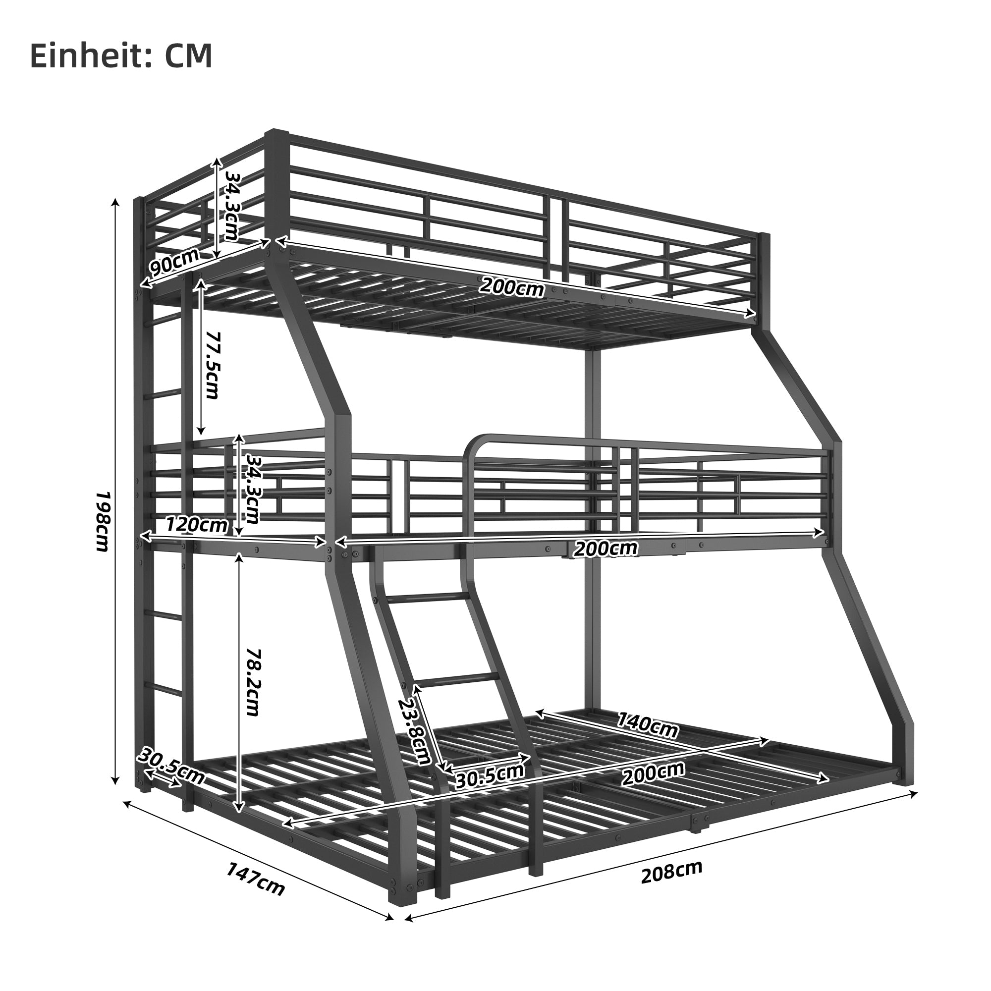 Logidon 3-persoonsstapelbed 90x200 cm metalen bedframe zwart
