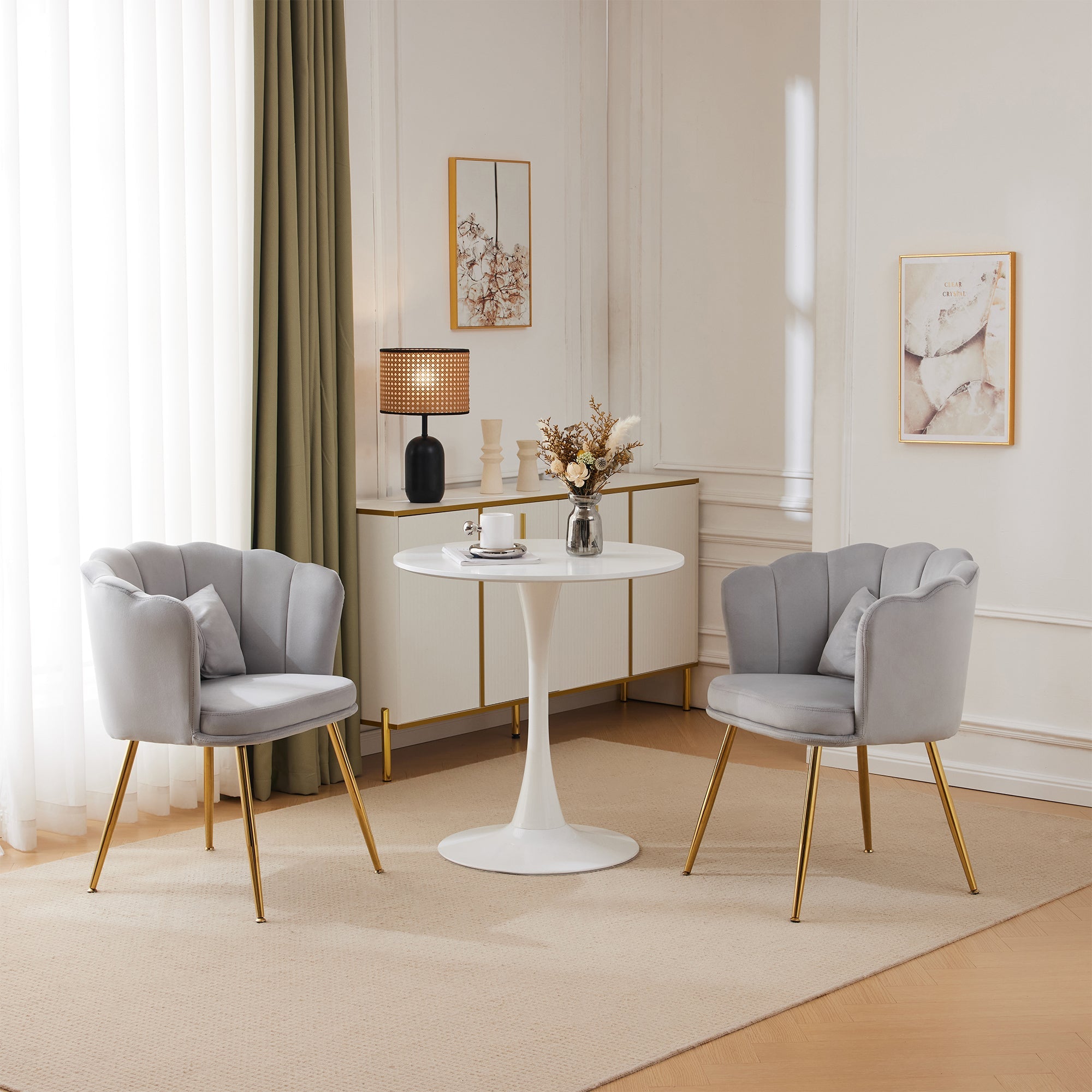 Logidon Set of 2 Modern Velvet Chairs with Flower Backs Gray Gold Legs