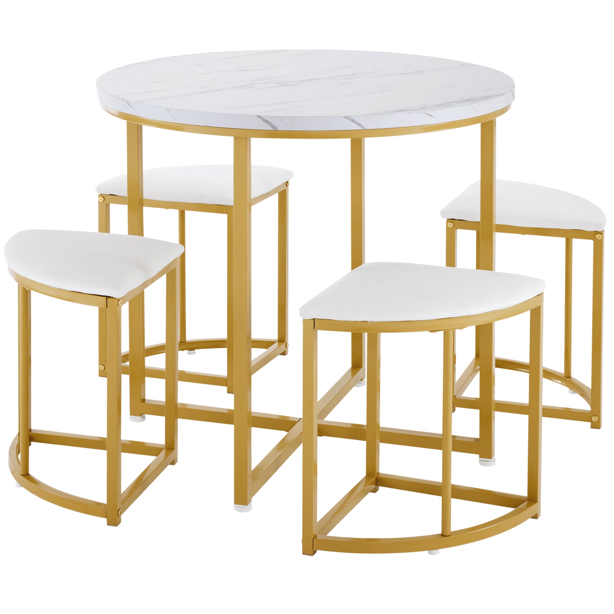 Logidon eetkamerset ronde tafel wit marmerlook goud frame 4 stoelen
