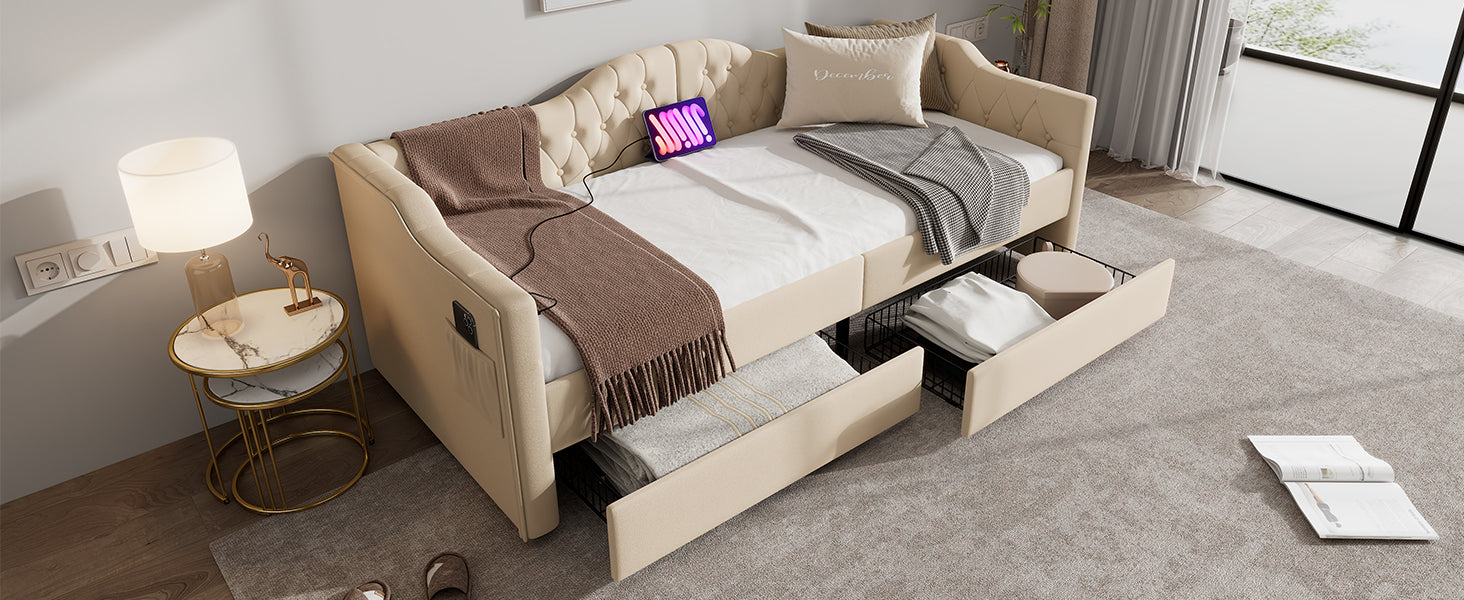 Logidon gestoffeerde slaapbank 90x200 beige USB-oplaadfunctie 2 compartimenten