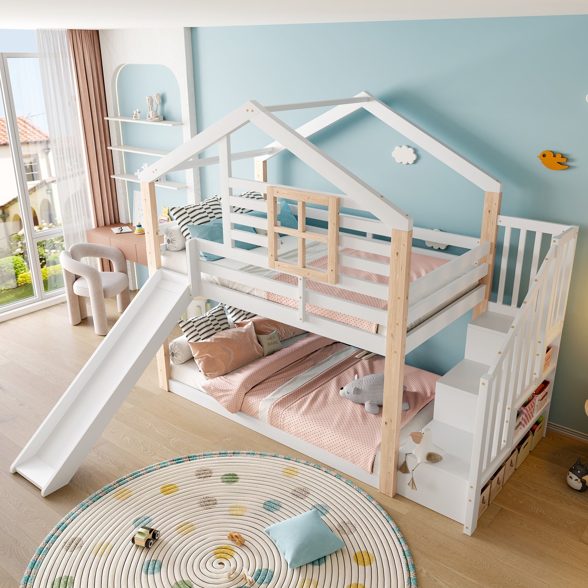Logidon Kinderstapelbed met Glijbaan en Trap Scandinavisch Design Wit