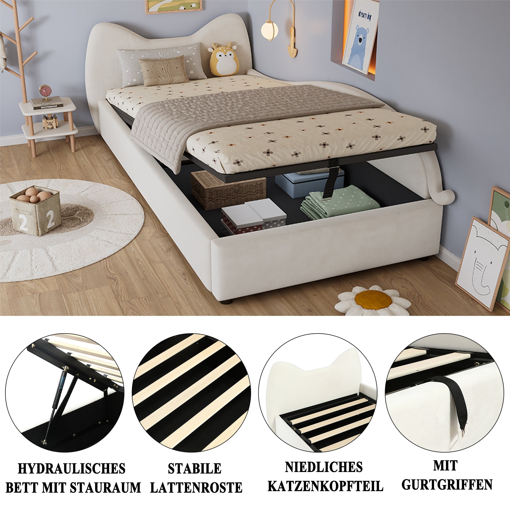 Logidon gestoffeerd bed 90x200 beige cat design hydraulische opbergruimte