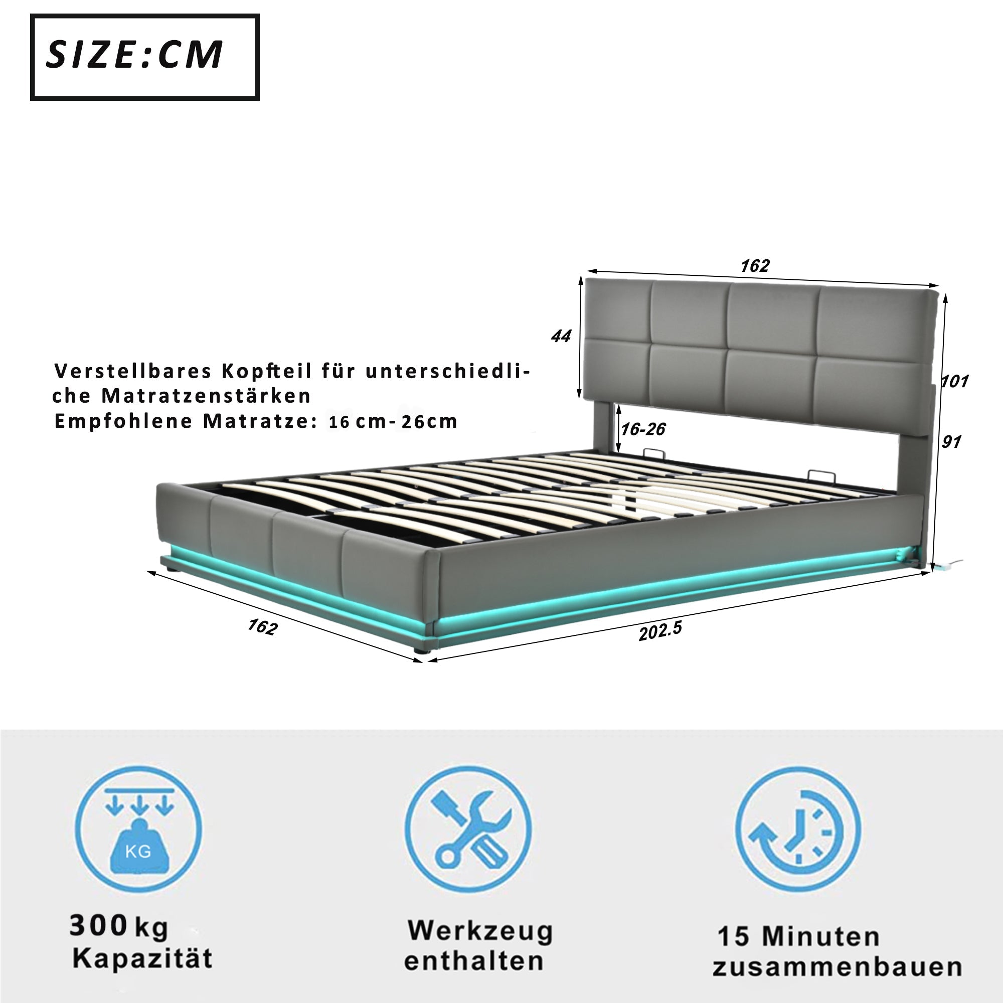 Logidon gestoffeerd bed 160x200 cm met LED, verstelbaar hoofdbord, grijs