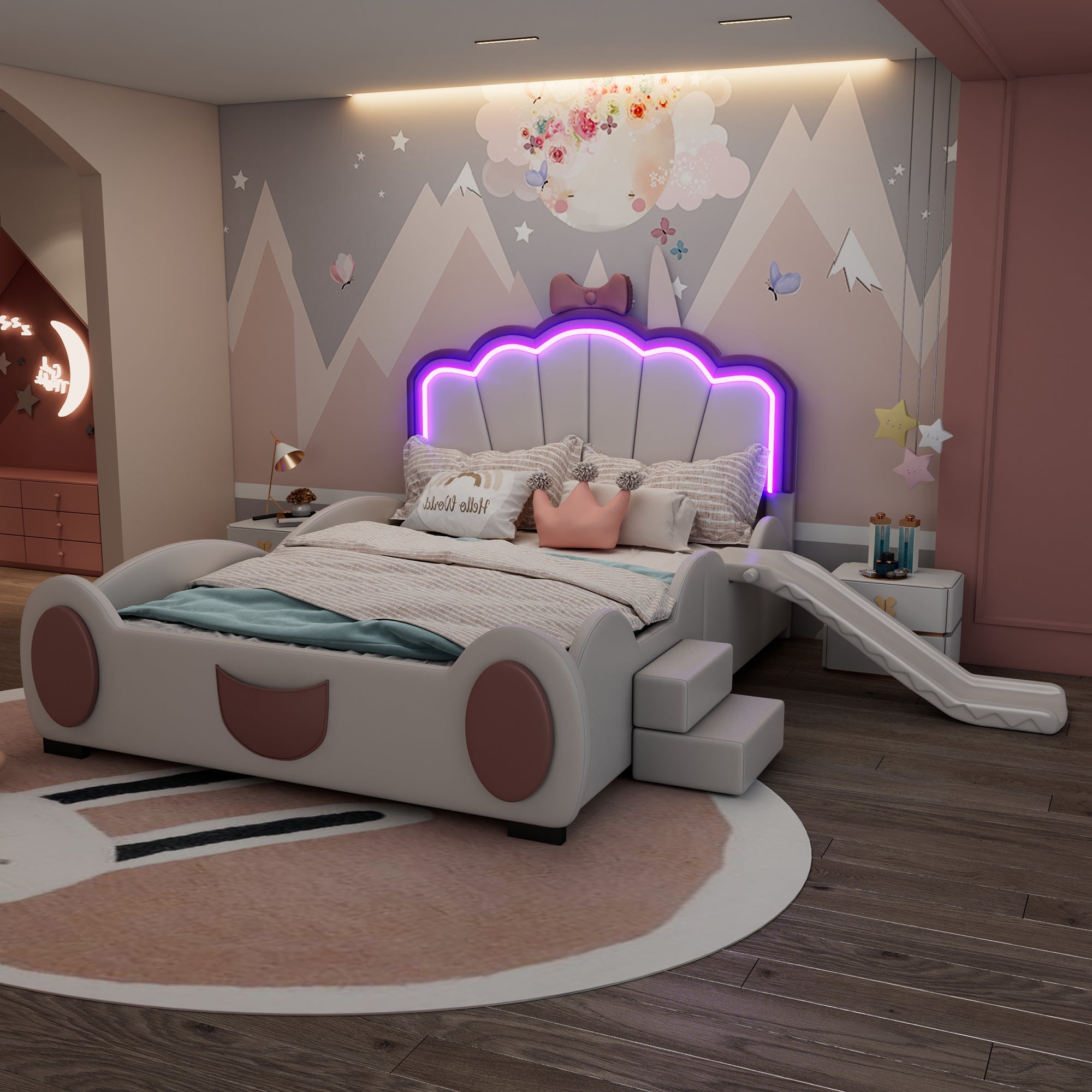 Logidon 90x200 cm Butterfly Bed With LED Color Changing Pink White
