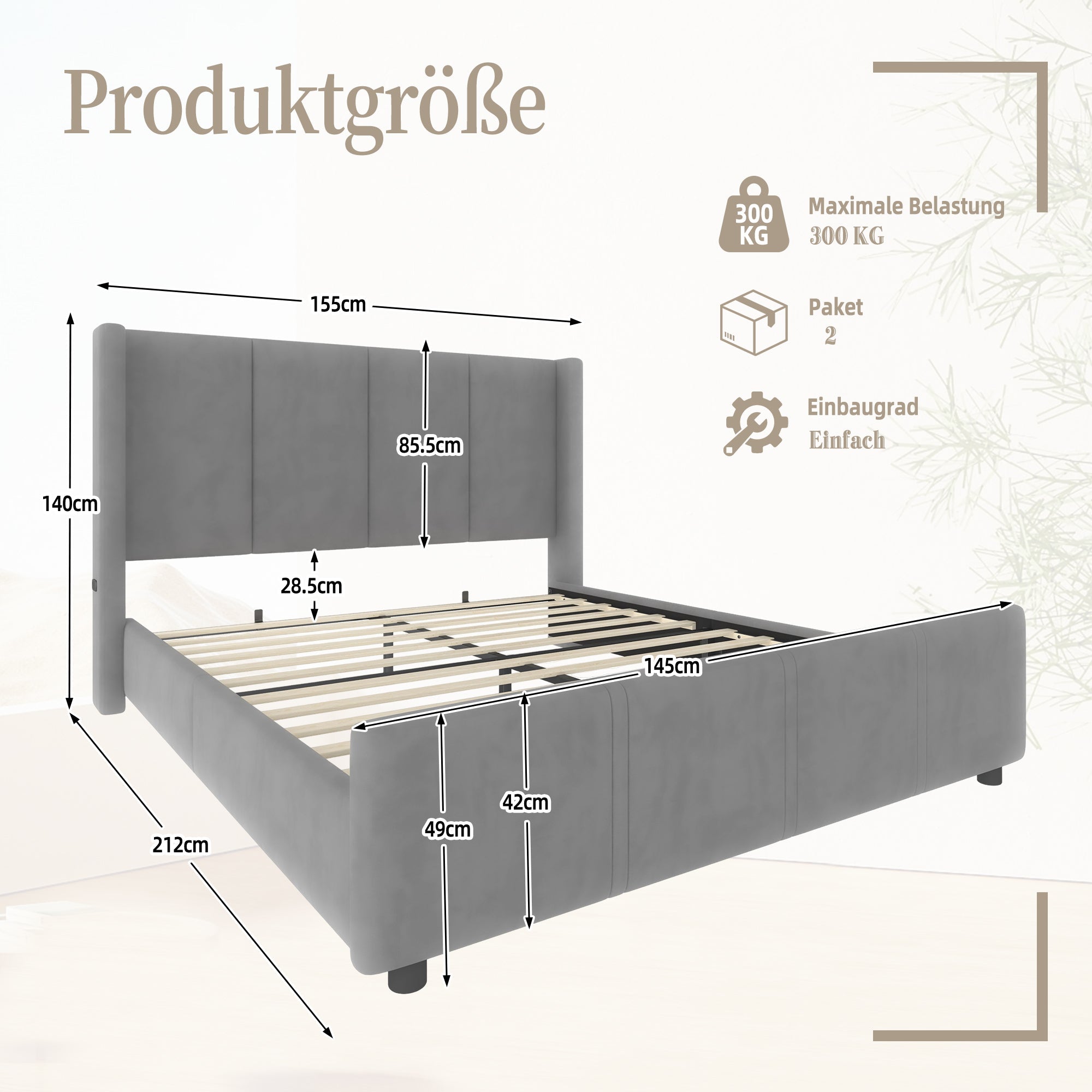Logidon gestoffeerd bedframe 140x200 cm grijs met USB aansluiting