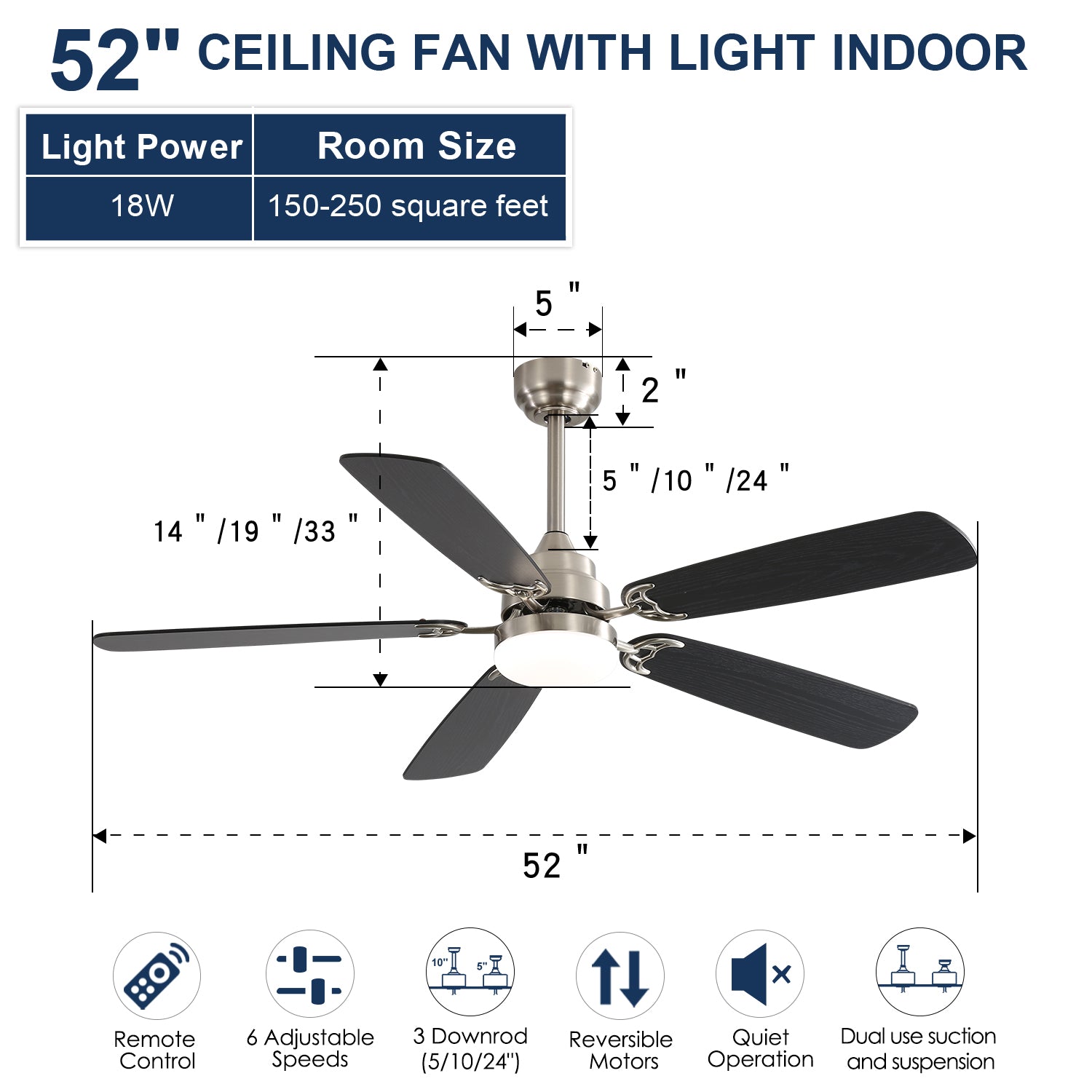 Logidon 52 inch plafondventilator LED verlichting DC motor 5 bladen