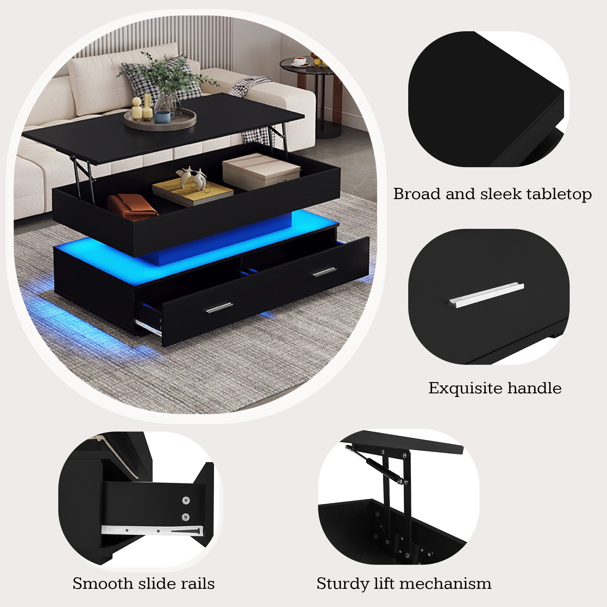 Logidon Verstelbare Salontafel 100x50x44 cm Zwart LED Verlichting