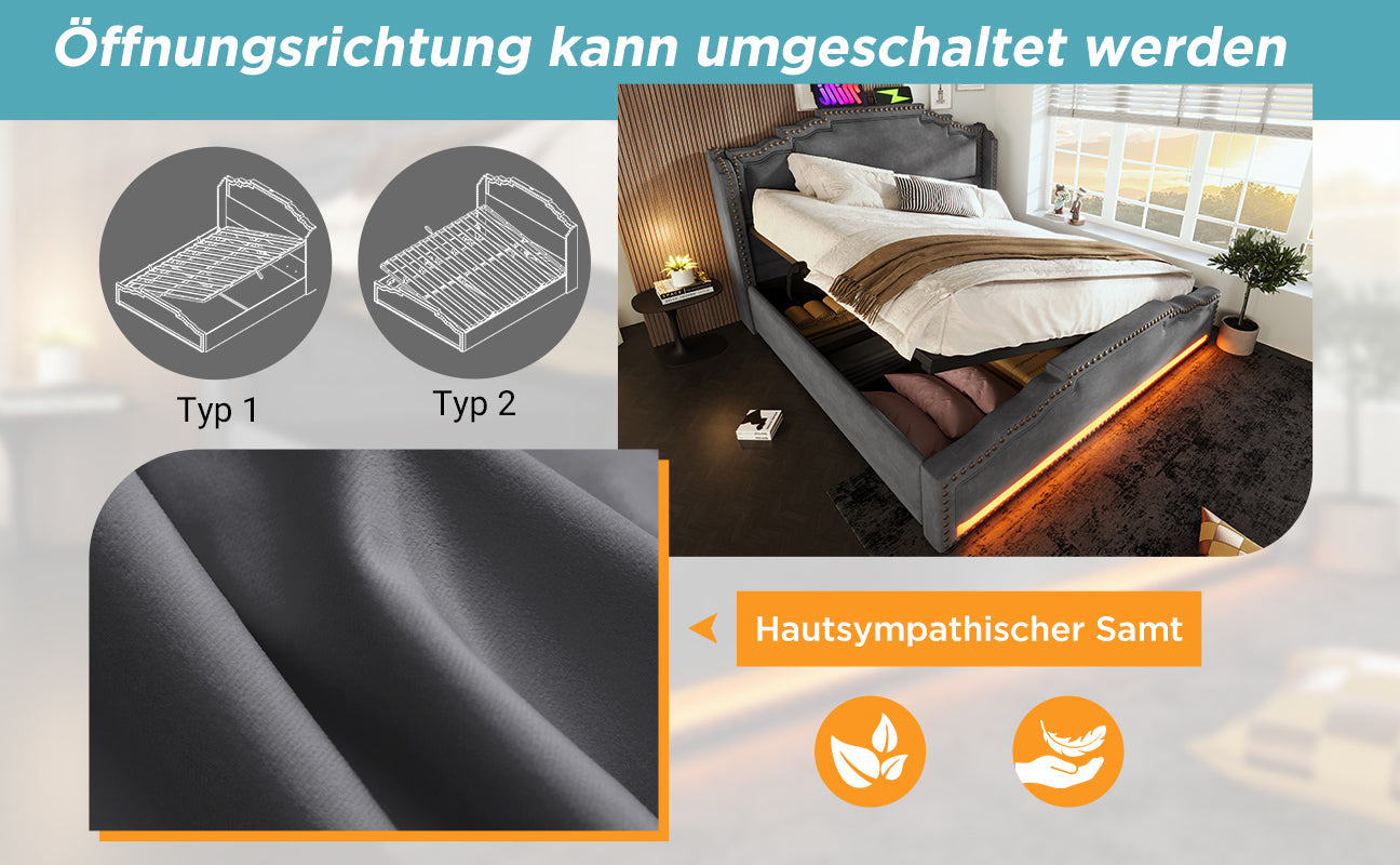 Logidon gestoffeerd bed 160x200 grijs fluweel met opbergruimte LED USB C