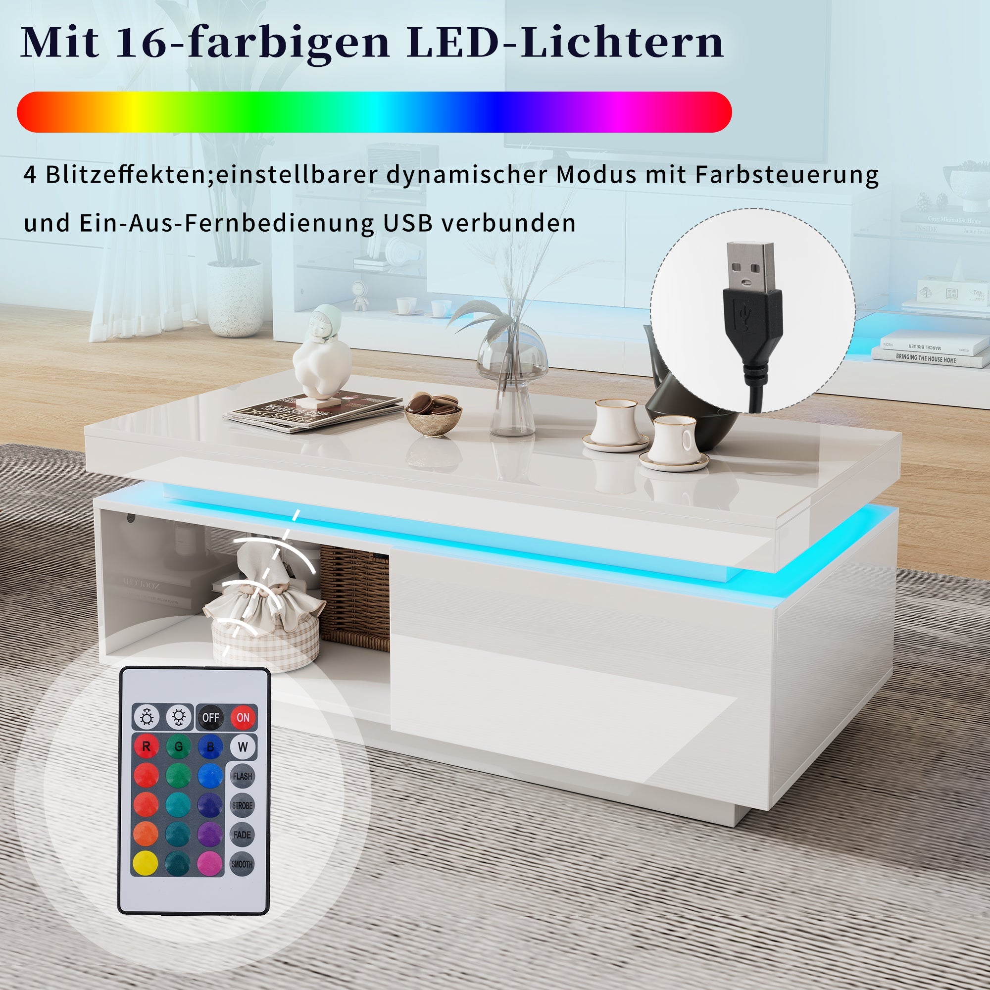Logidon hoogglans witte salontafel met LED verlichting 100x50x40,3 cm