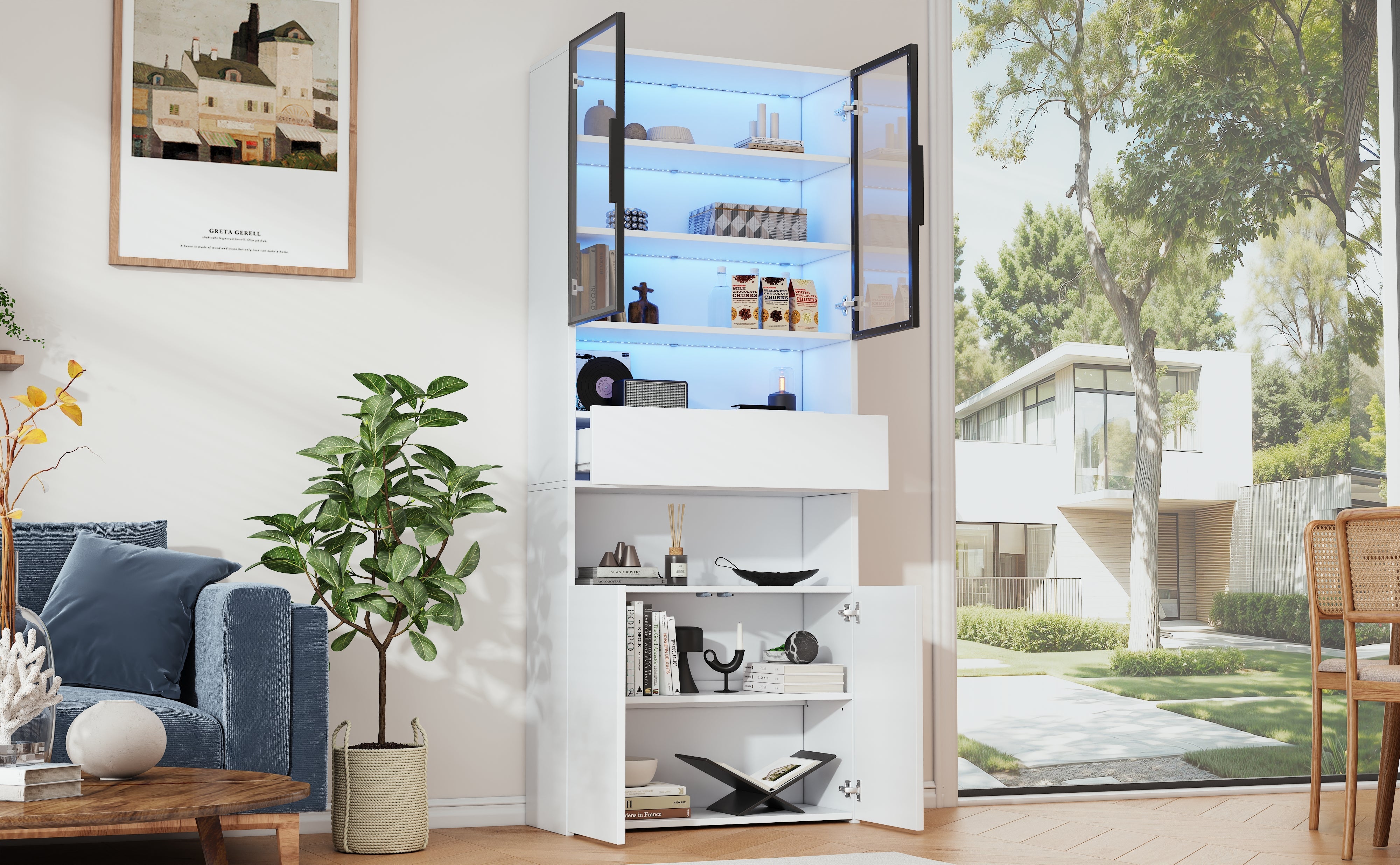 Logidon vitrinekast 70x30x200 cm witte LED glazen vitrinekast met lade