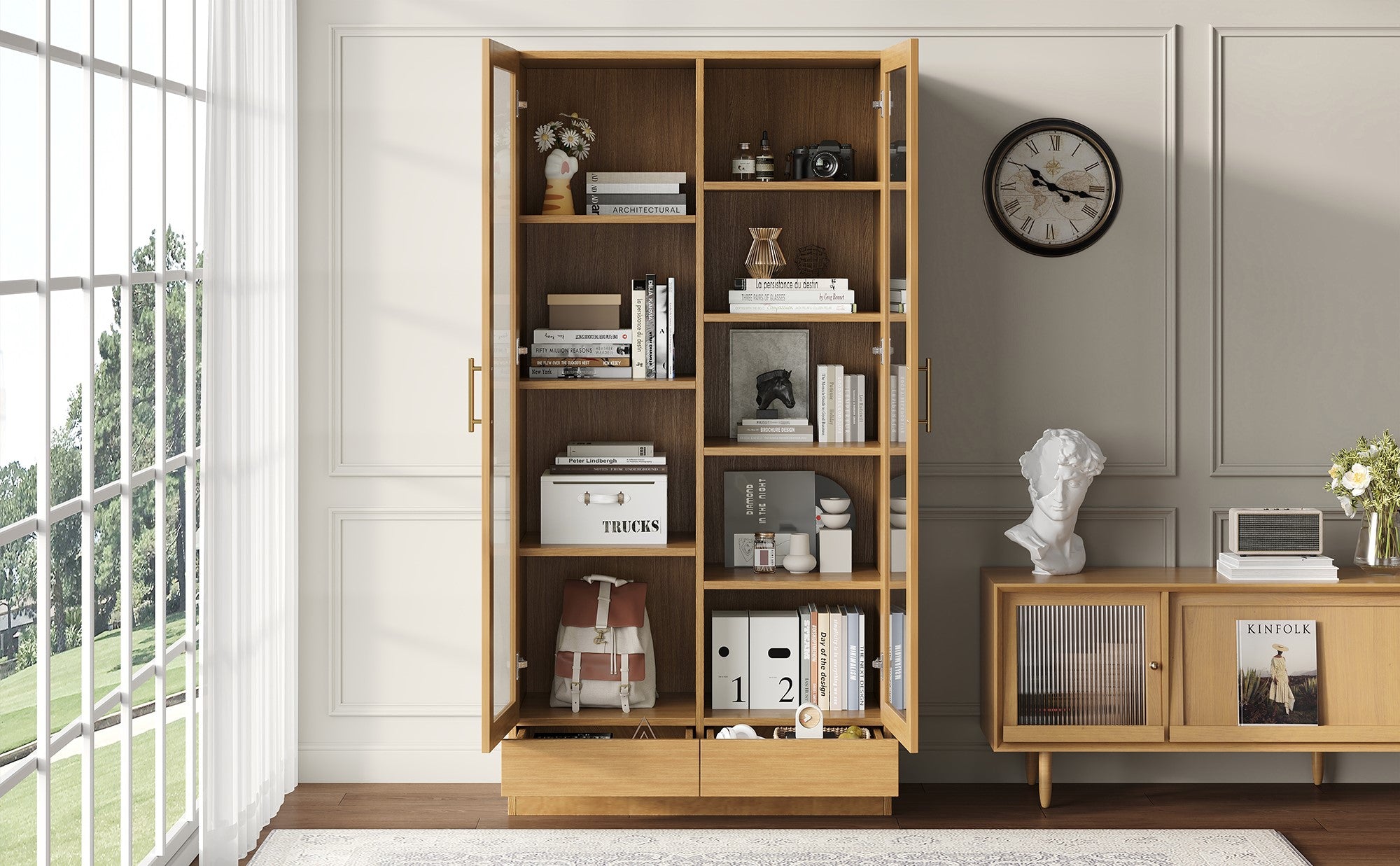 Logidon vitrinekast 80x40x160 cm naturel hout met push-to-open lades