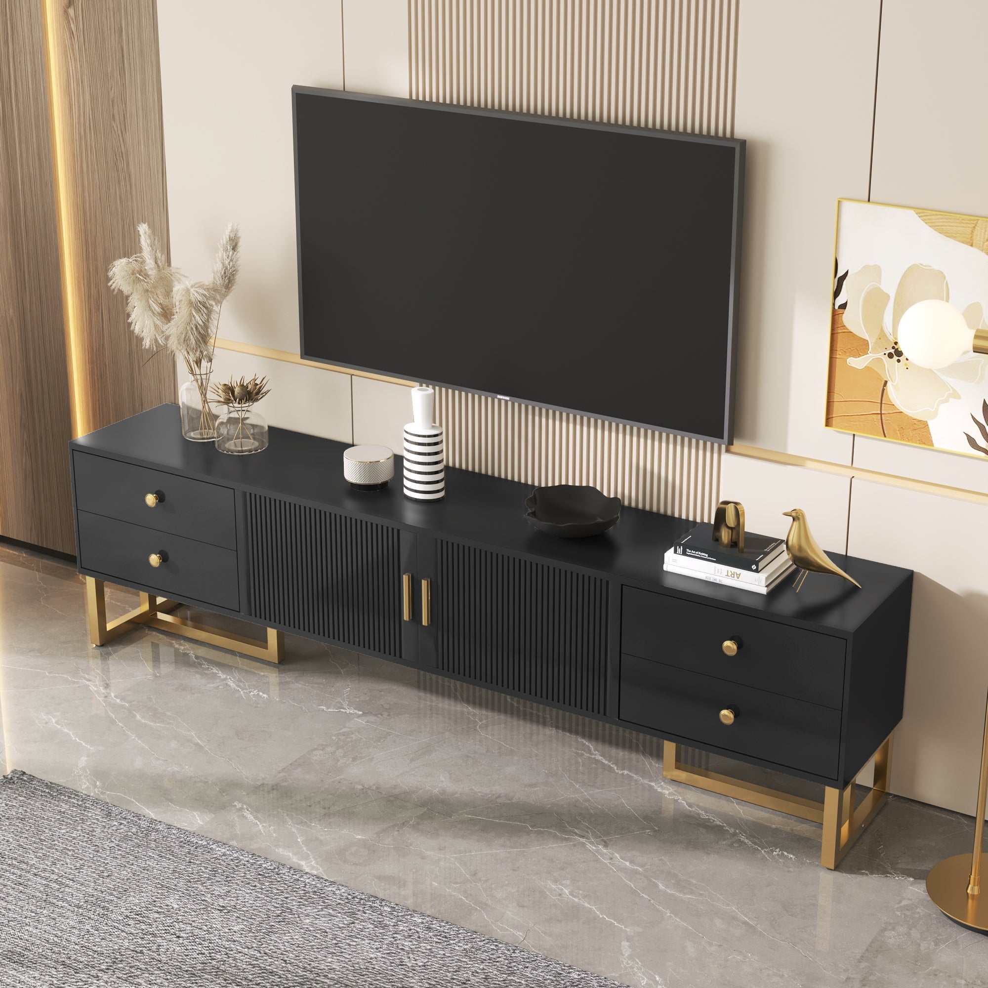 Logidon tv-meubel zwart met structuurdeur en gouden handgrepen