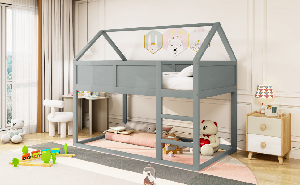 Logidon laag kinderbed 90x200 grijs met trap massief hout