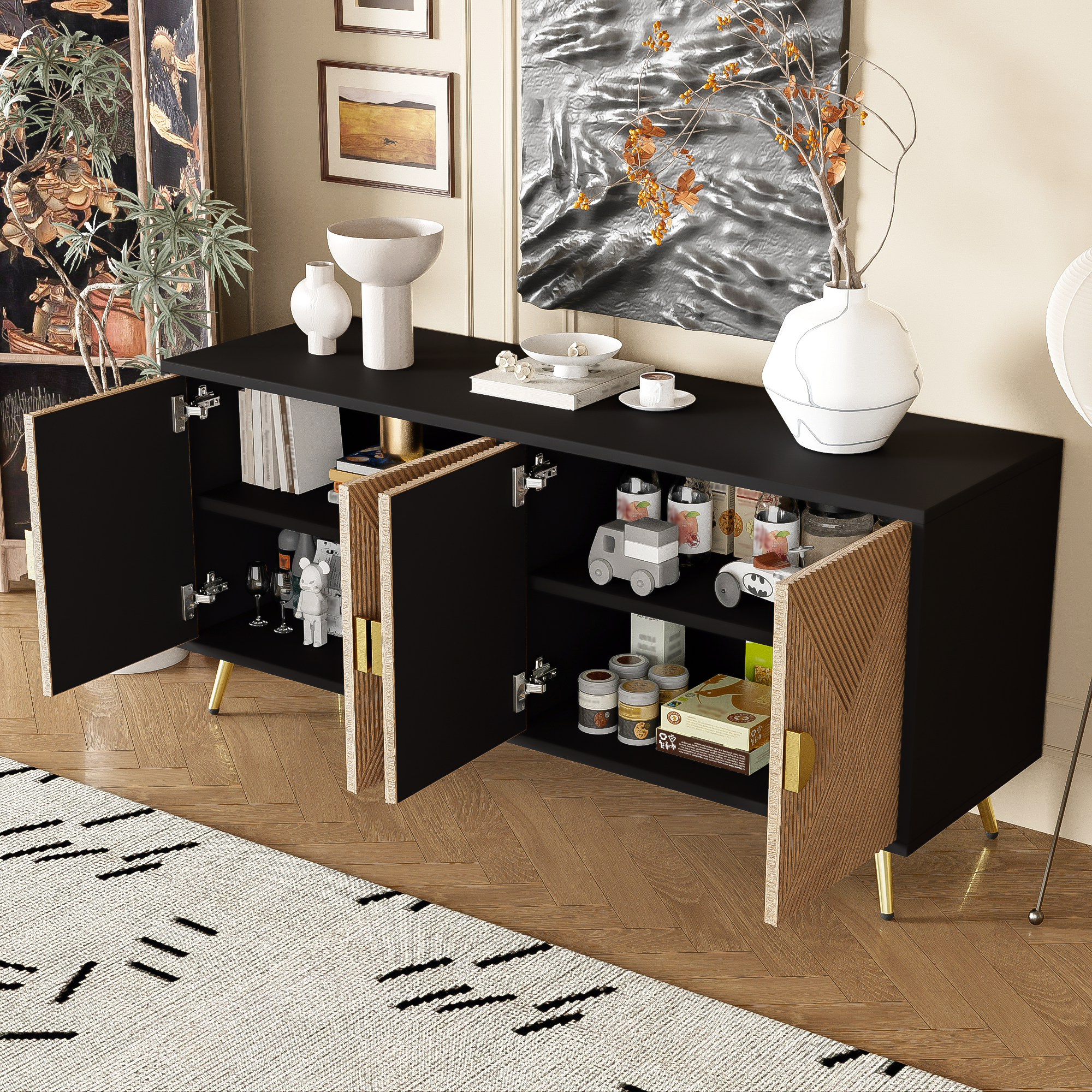 Logidon Dressoir 160 cm Bruin Vier Deuren Met Gouden Handgrepen