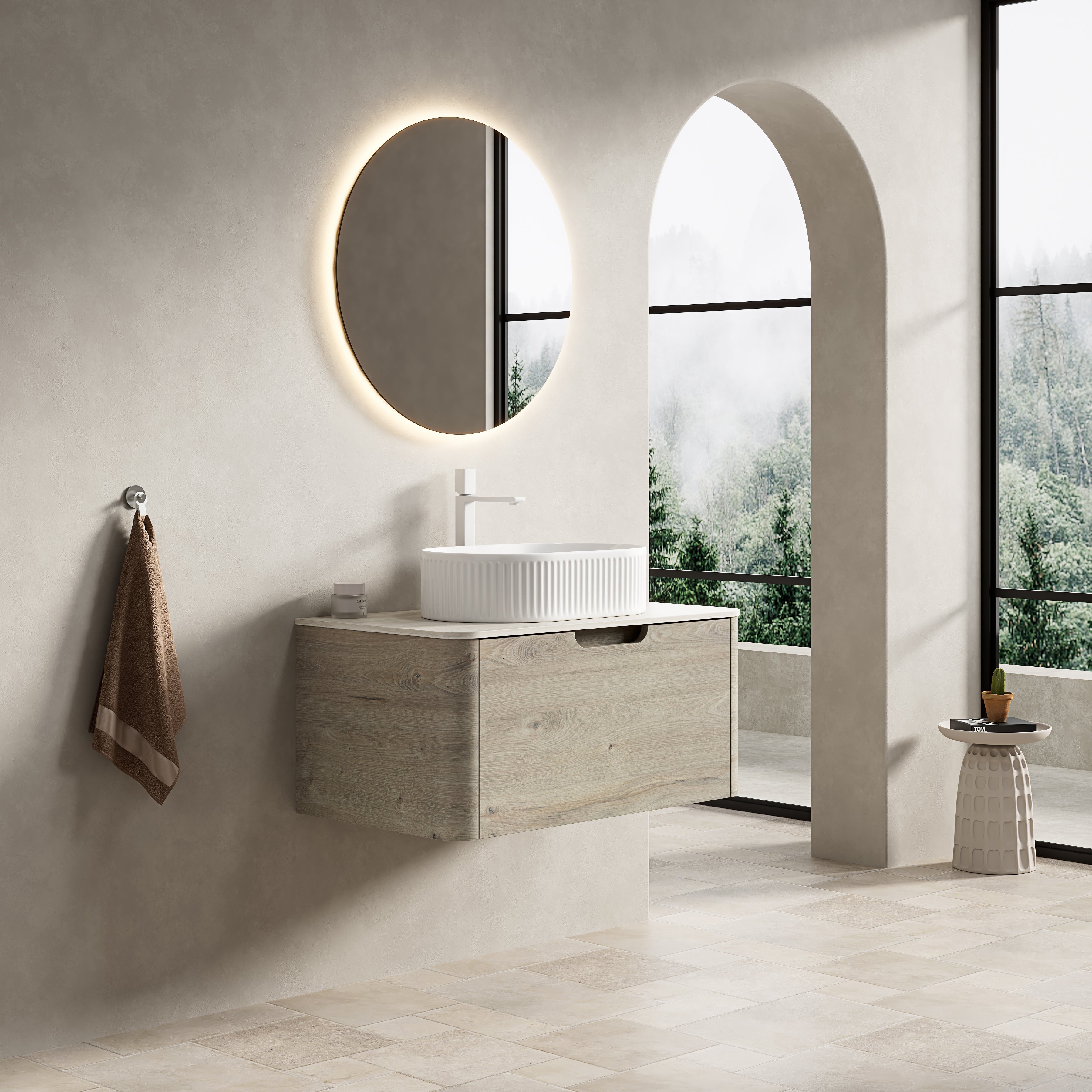Logidon 80 cm floating bathroom furniture with travertine sintered stone top