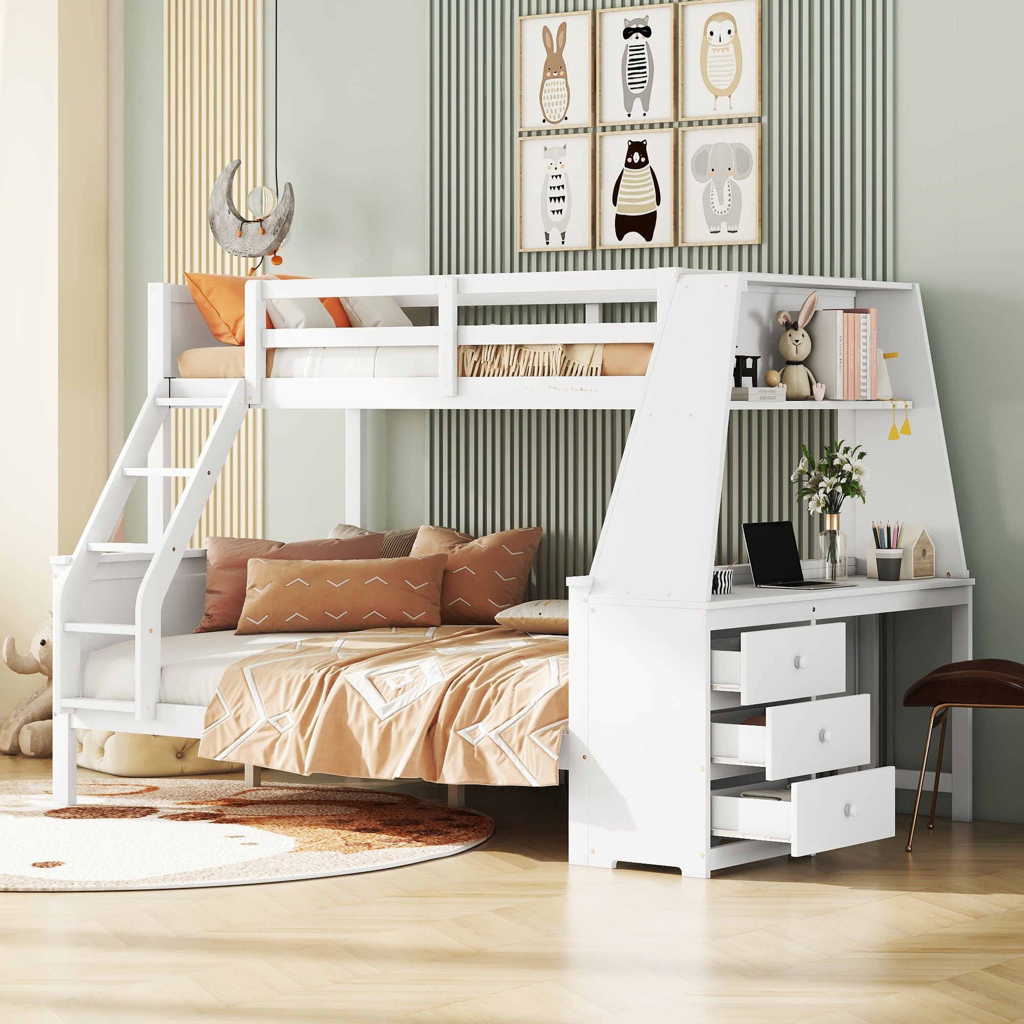 Logidon Bunk Bed 90x200 and 140x200 with Table and Storage Space White