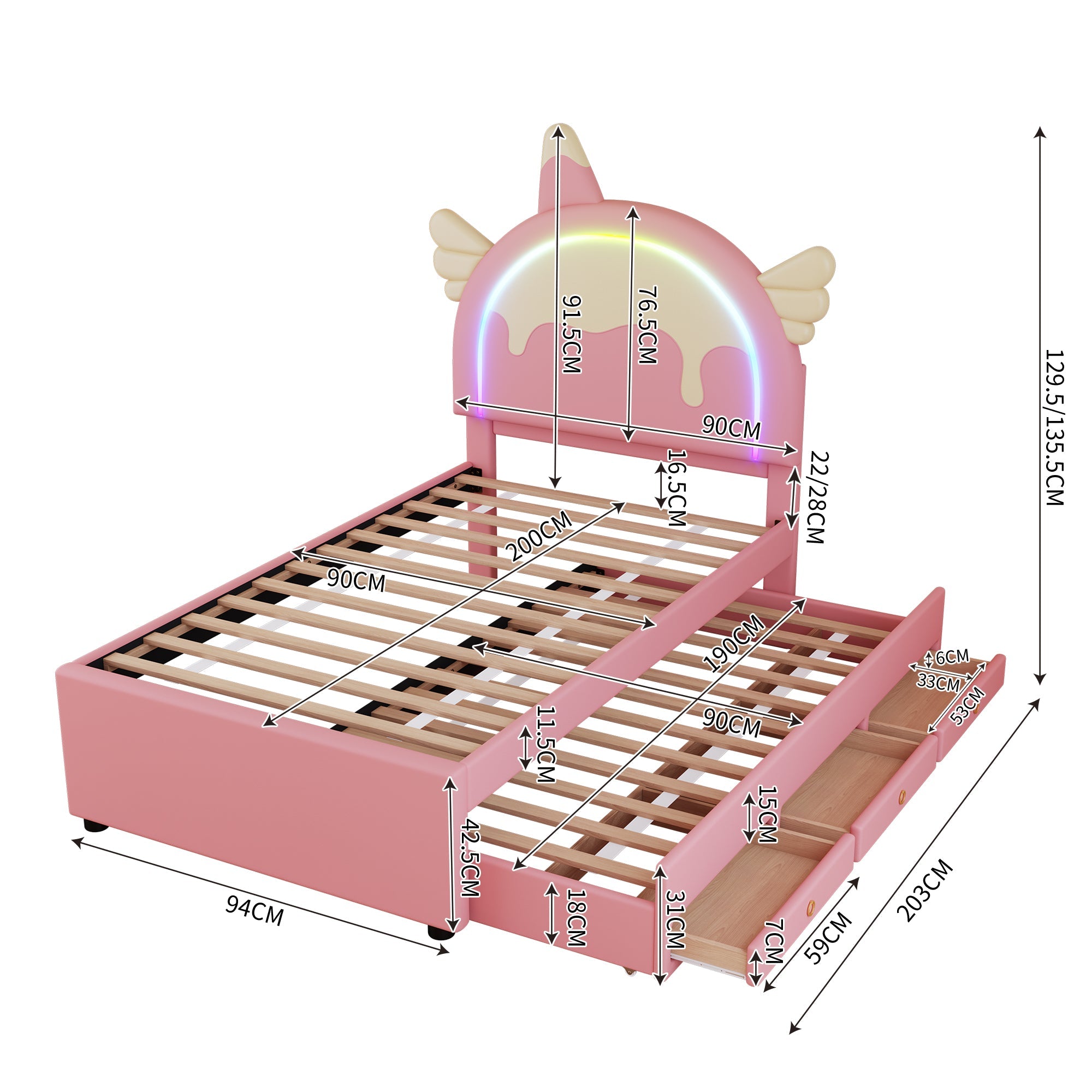 Logidon Eenhoorn Kinderbed 90x200 cm Roze Uitschuifbaar opklapbed