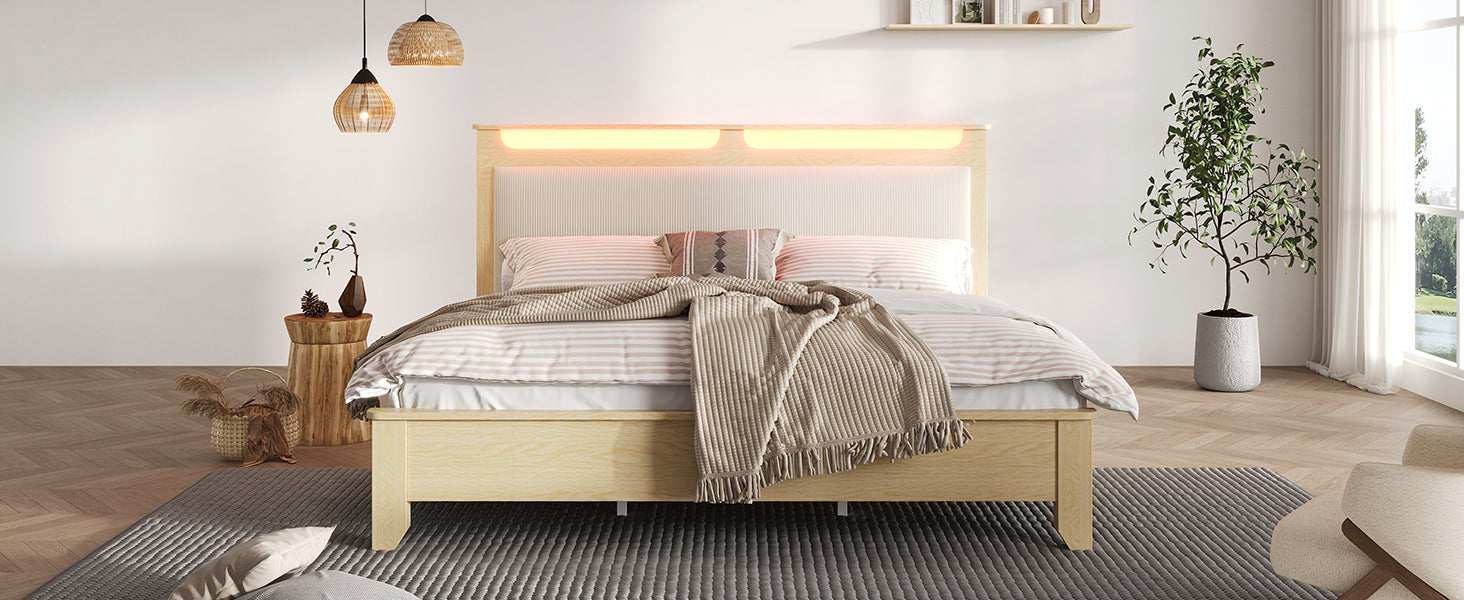 Logidon tweepersoonsbed 160x200 cm met opbergruimte en LED-verlichting beige