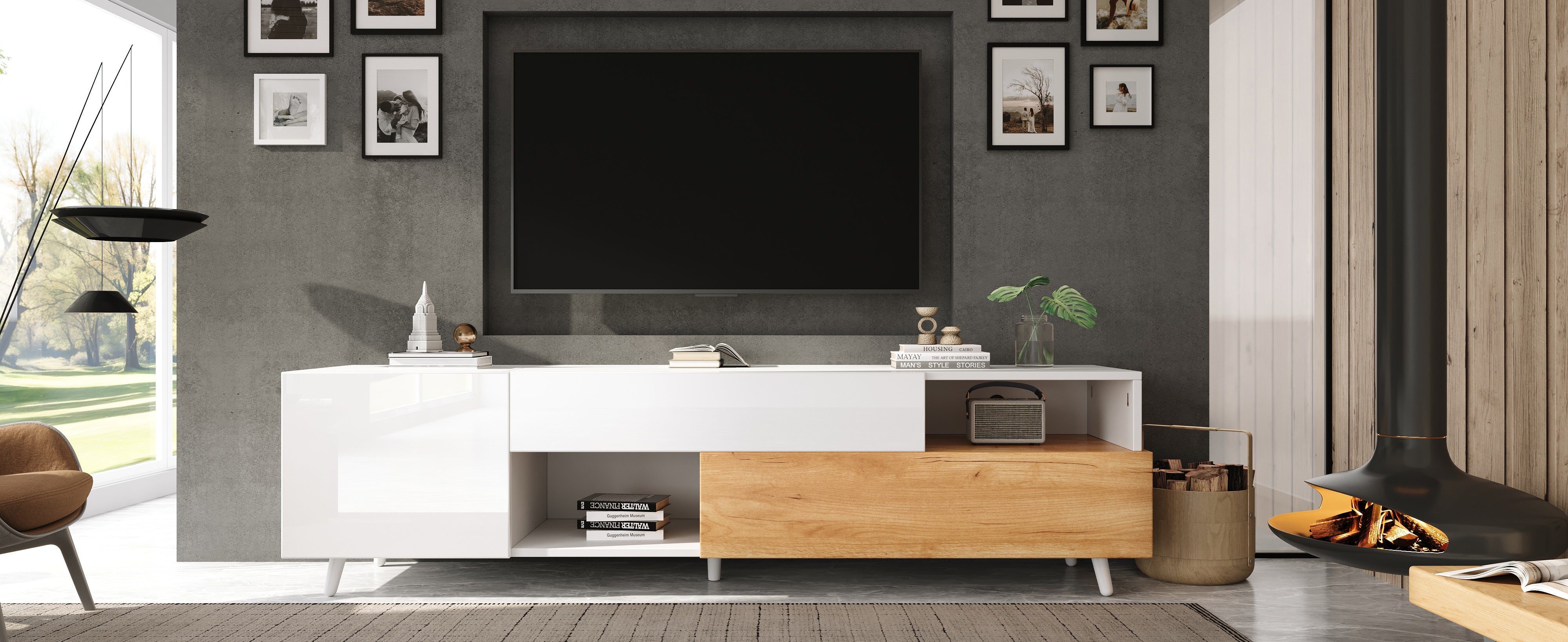 Logidon TV-meubel 180x38x50 cm witte houtlook deur en lade