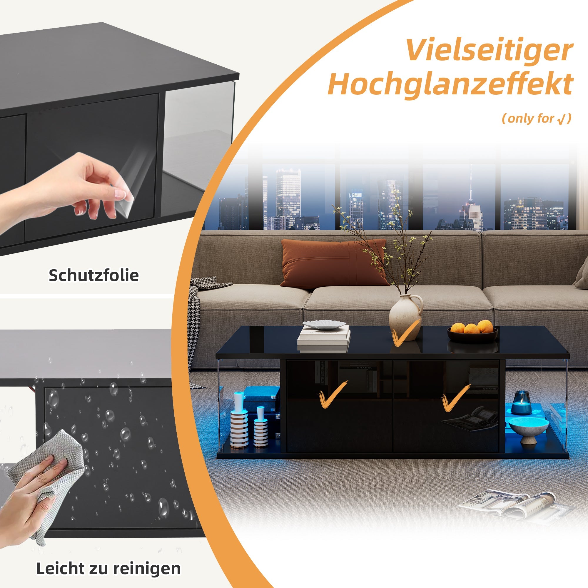 Logidon salontafel 100x50x30 cm zwart hoogglans LED 2 kasten