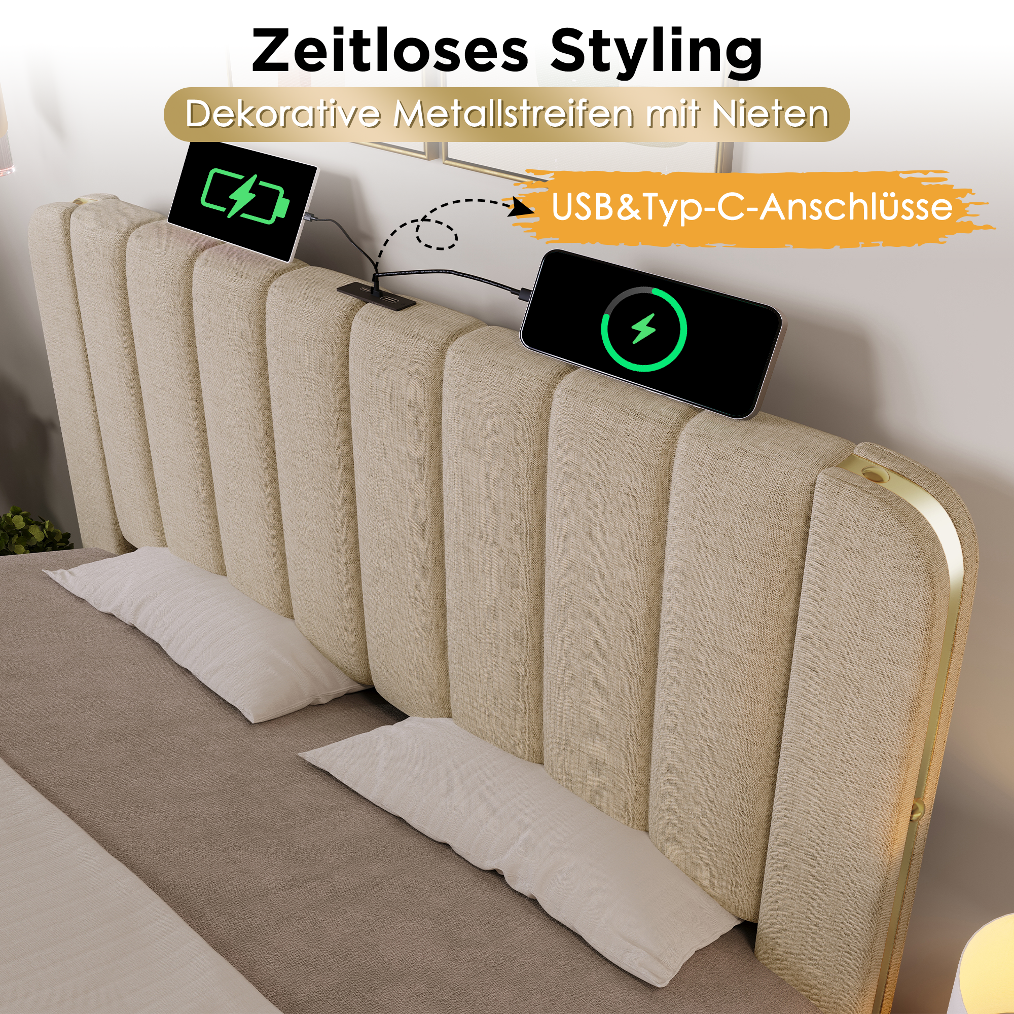 Logidon gestoffeerd bed 160x200 beige linnen met hoofdeinde gouden rand USB-C
