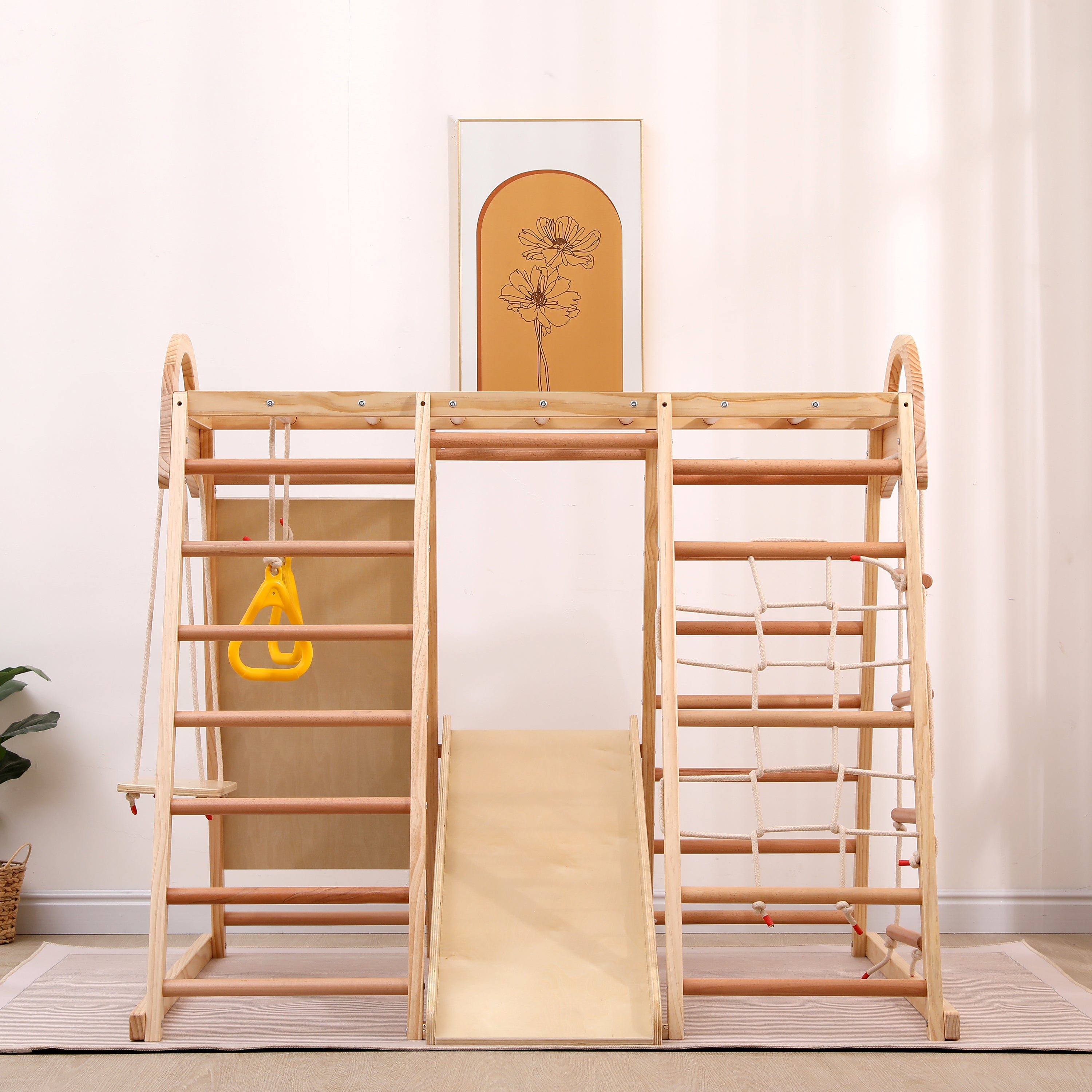 Logidon 7-in-1 speeltoestel naturel massief houten schommelglijbaan