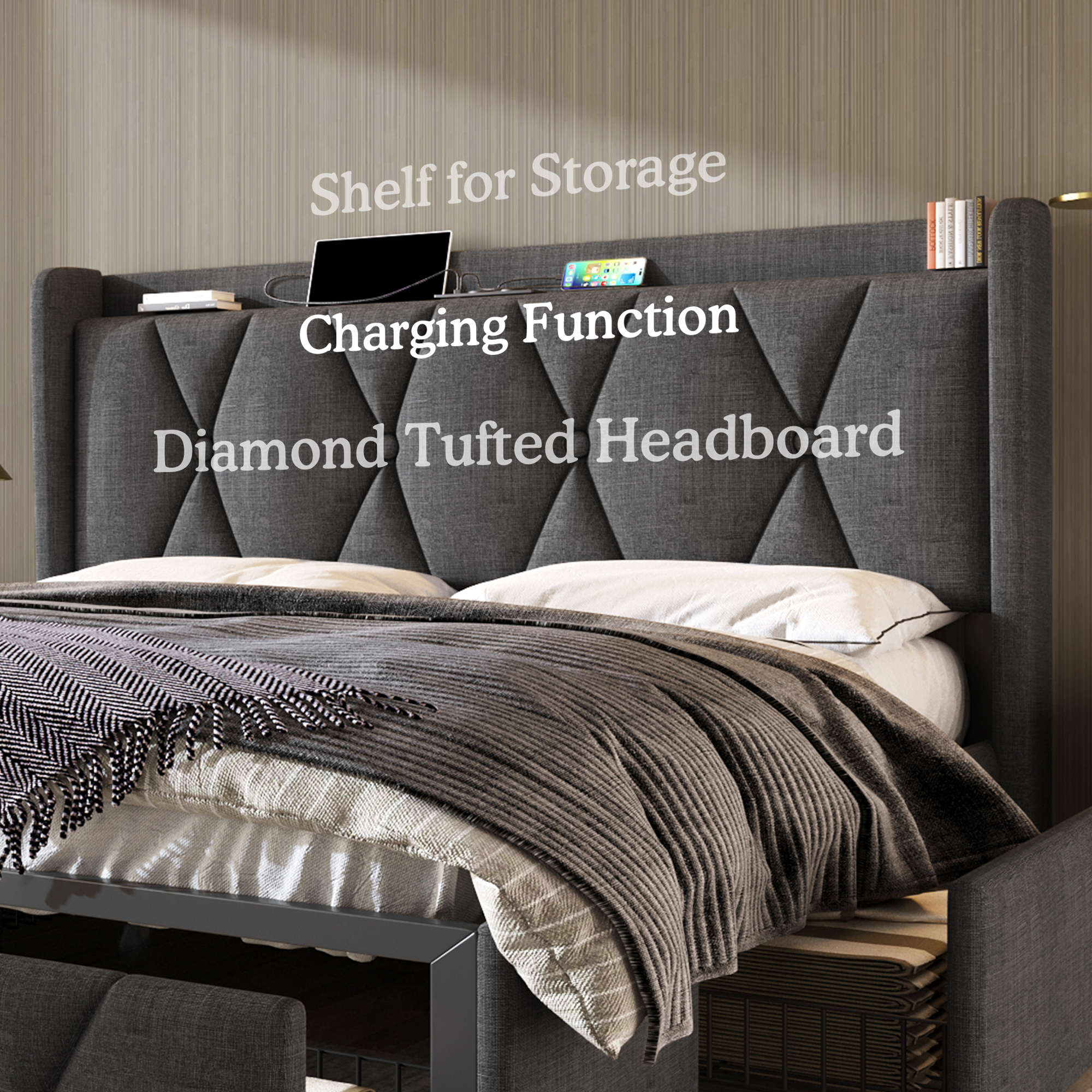 Logidon upholstered bed 140x200cm gray with USB charging function 4 drawers