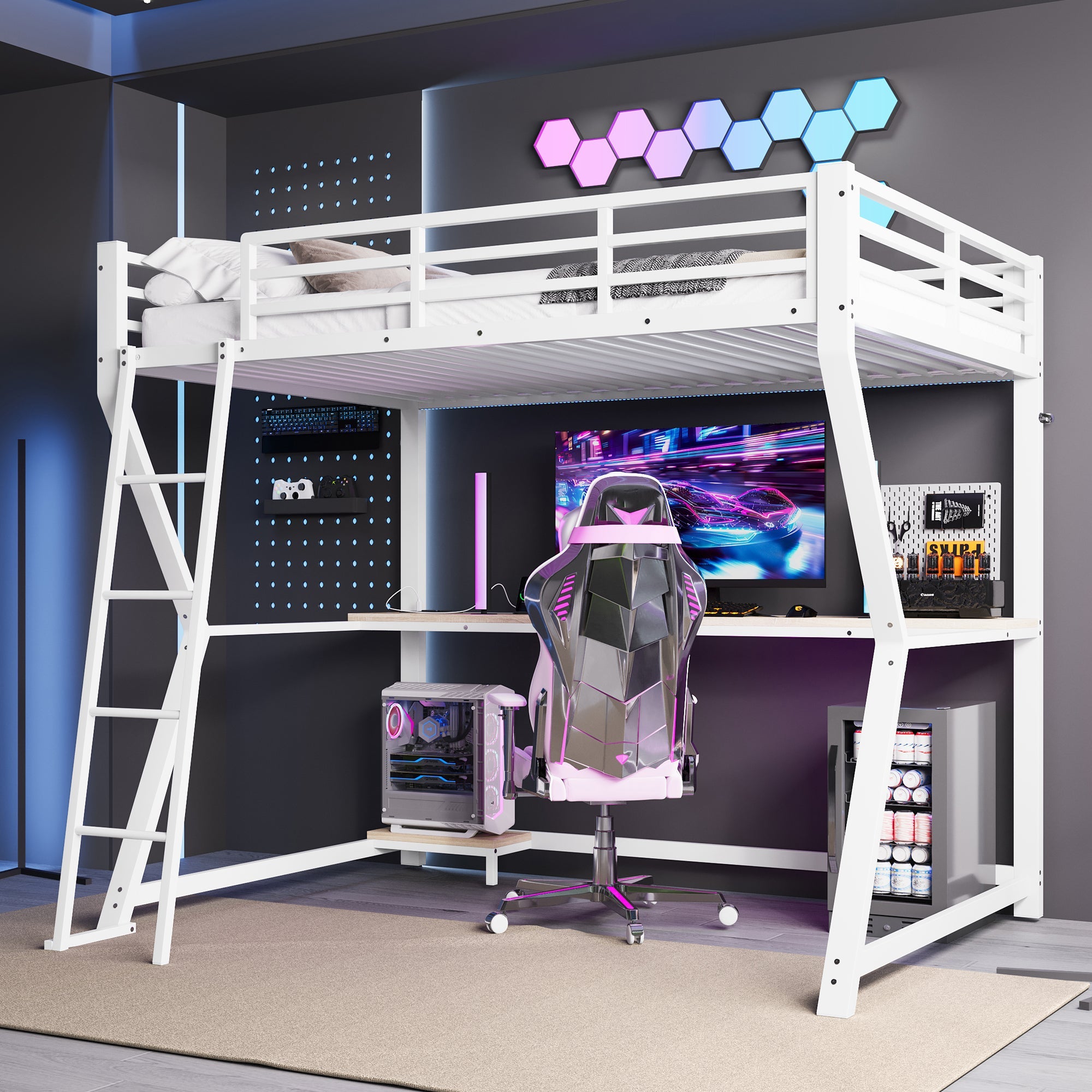Logidon loft bed 90x200 with LED lighting and computer console white