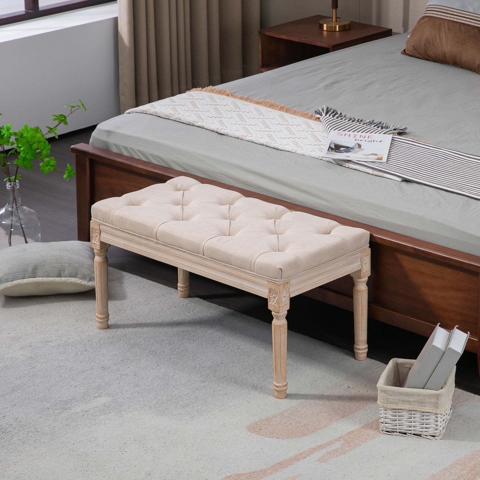 Logidon Vintage gestoffeerde bank beige 80x40x43 cm met knoopdetails