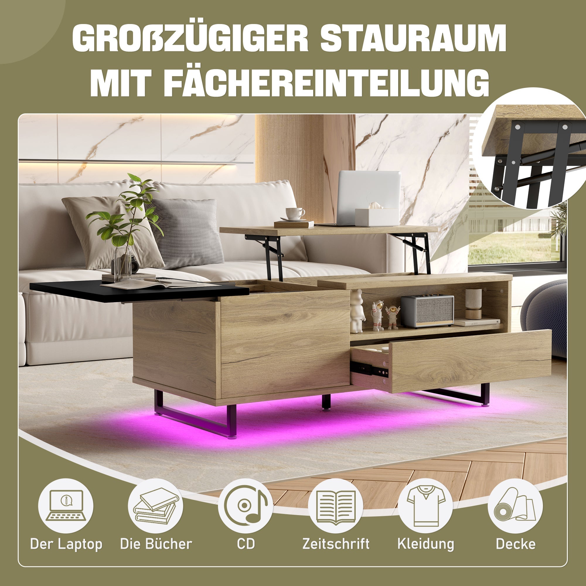 Logidon In hoogte verstelbare salontafel met LED-verlichting en opbergruimte