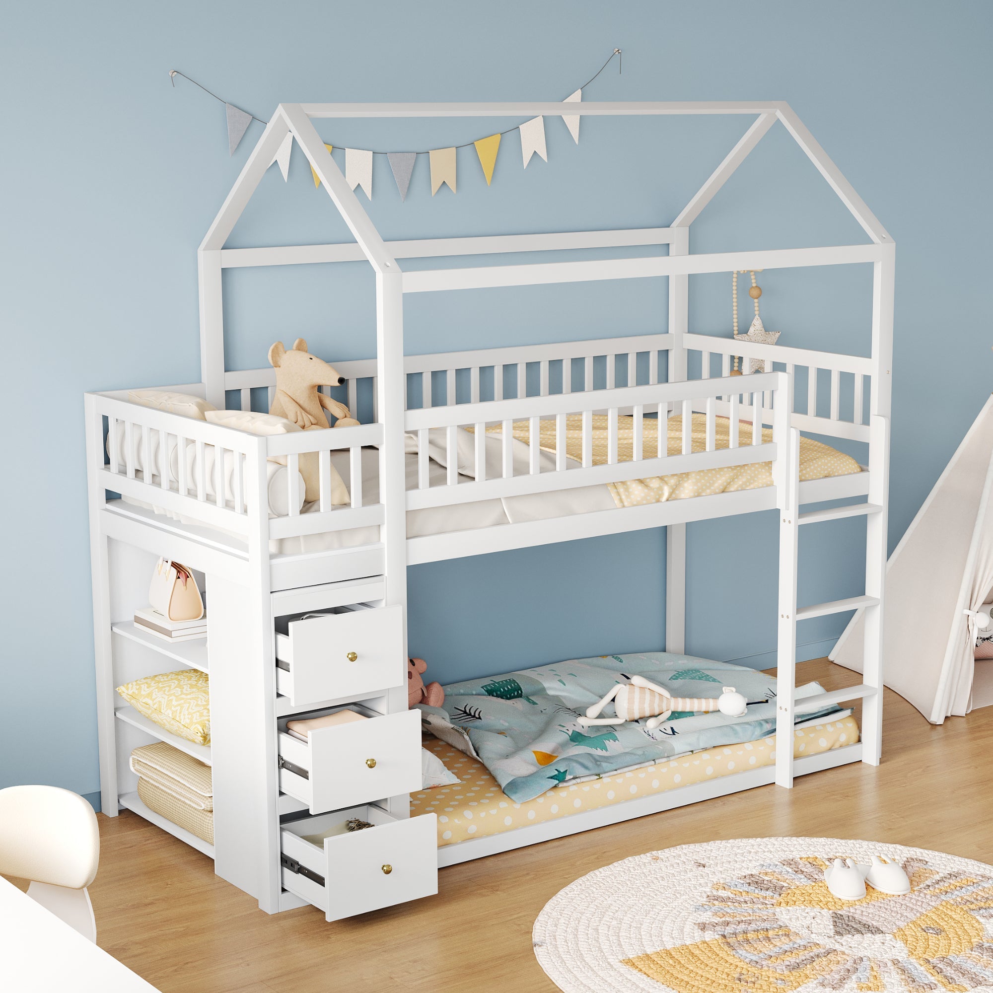 Logidon Bunk Bed 90x200 House Shape White With Security Fence Storage