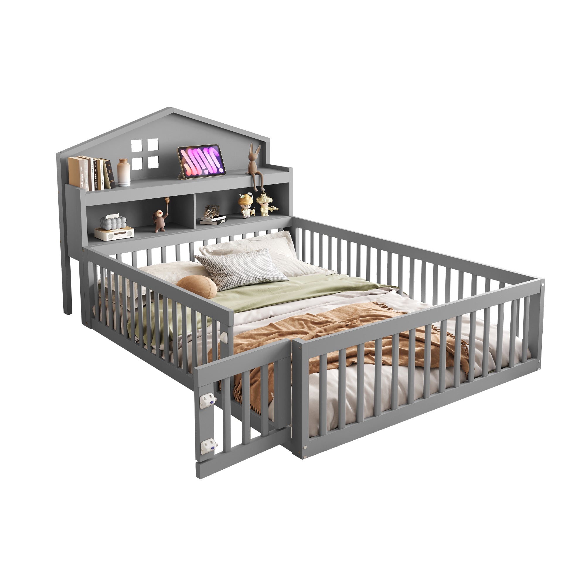 Logidon kinderbed 140x200 huisvorm massief hout grijs met opbergruimte