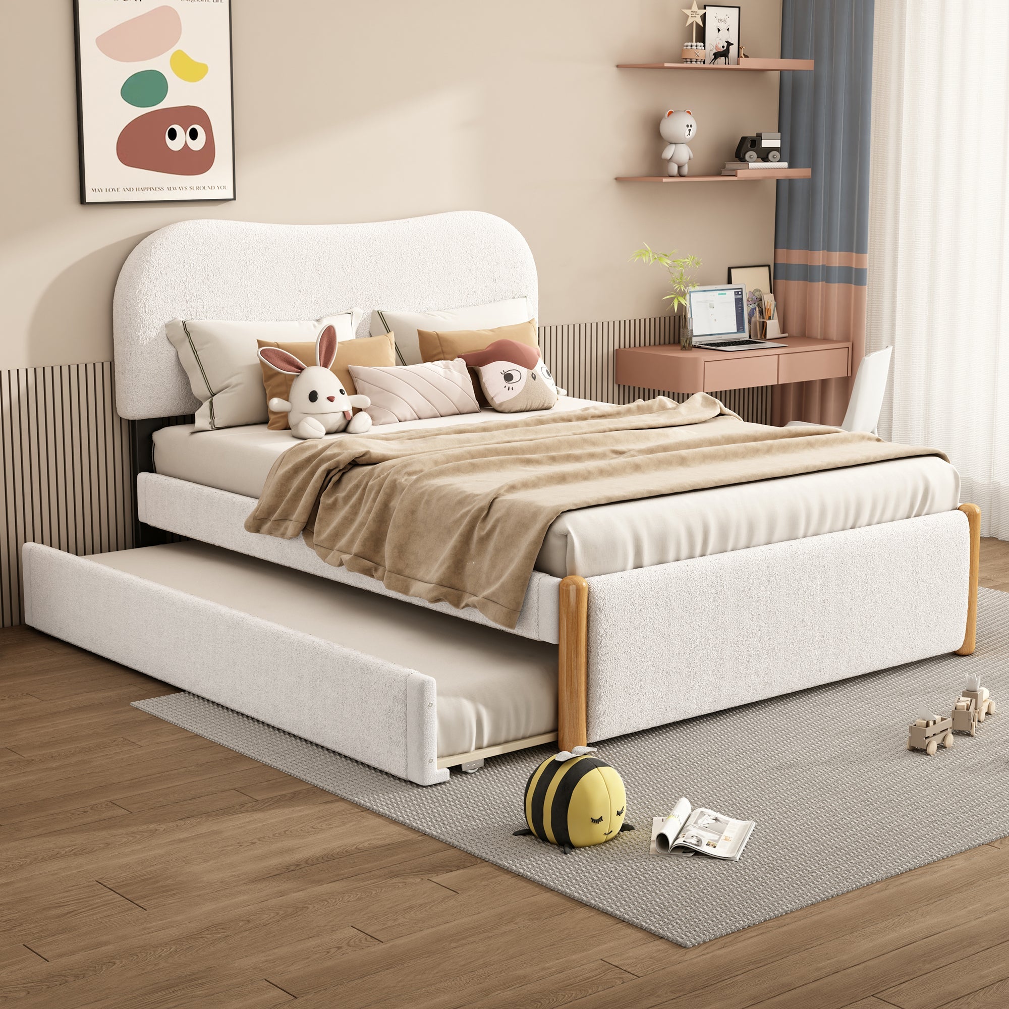 Logidon vlakbed 140x200 gestoffeerd bed uitschuifbaar onderschuifbed wit