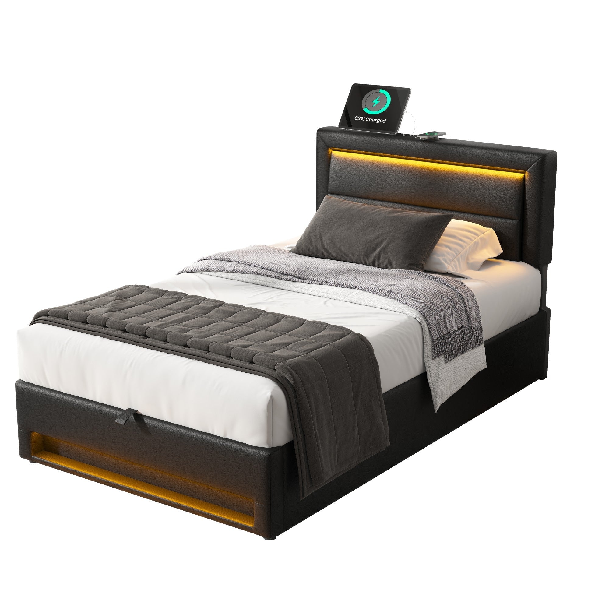 Logidon gestoffeerd bed 90x200 zwart USB-oplaadpoort LED-verlichting