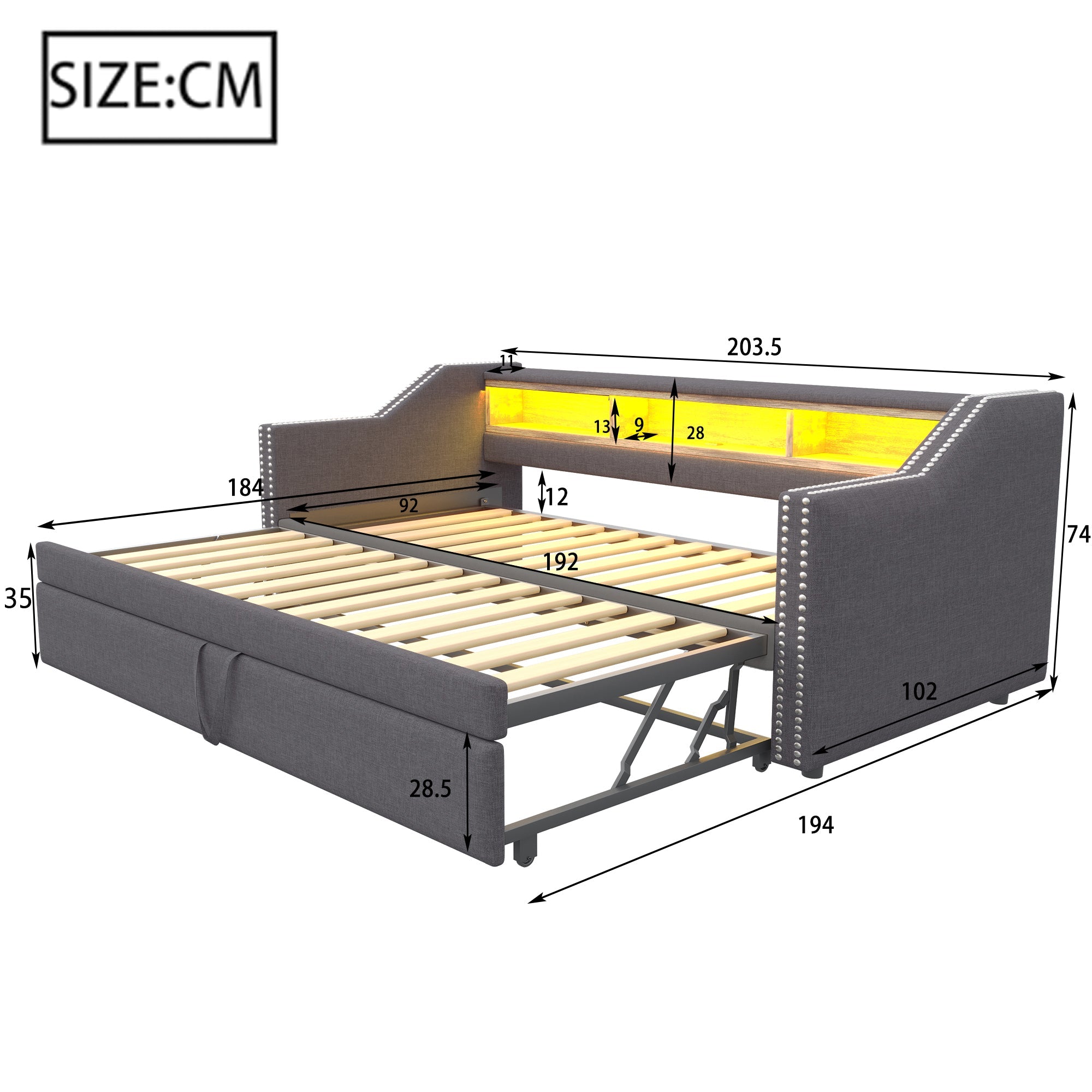 Logidon uitschuifbare slaapbank 90/180x190 cm donkergrijs LED USB