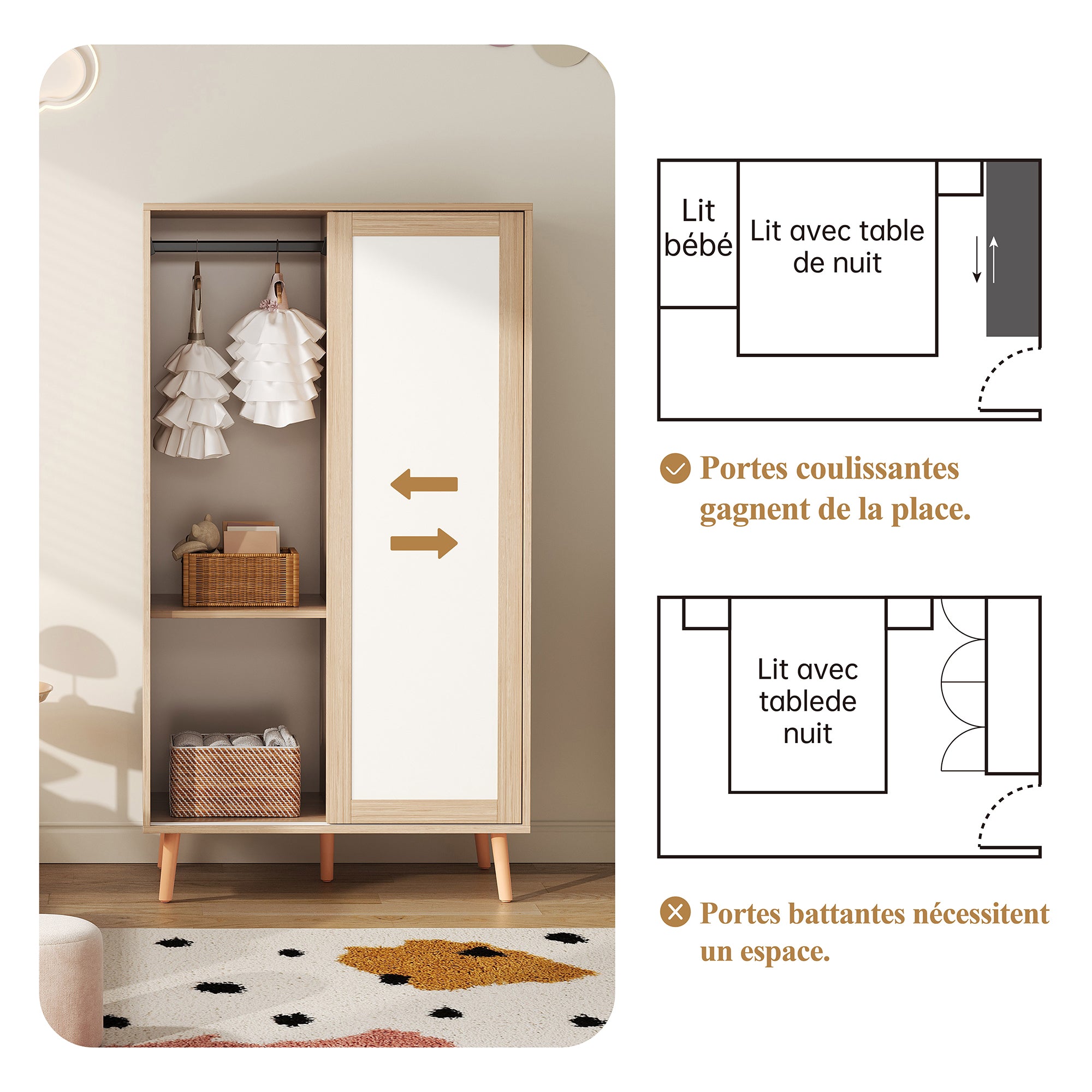 Logidon Children's Wardrobe Sliding Door Open Wardrobe White Natural Wood 141.5 cm