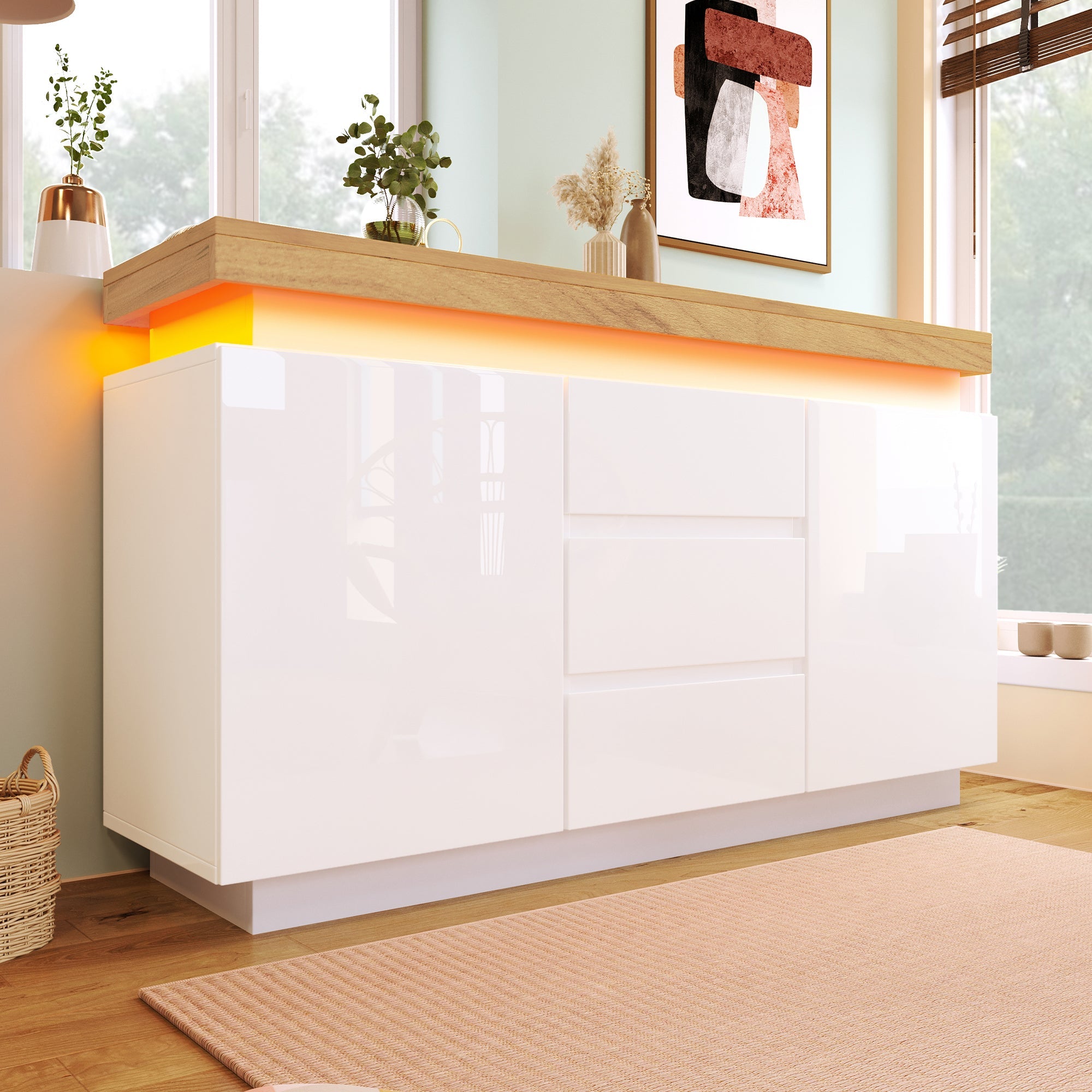 Logidon Wit Dressoir Met LED Verlichting 2 Deurs 3 Lades